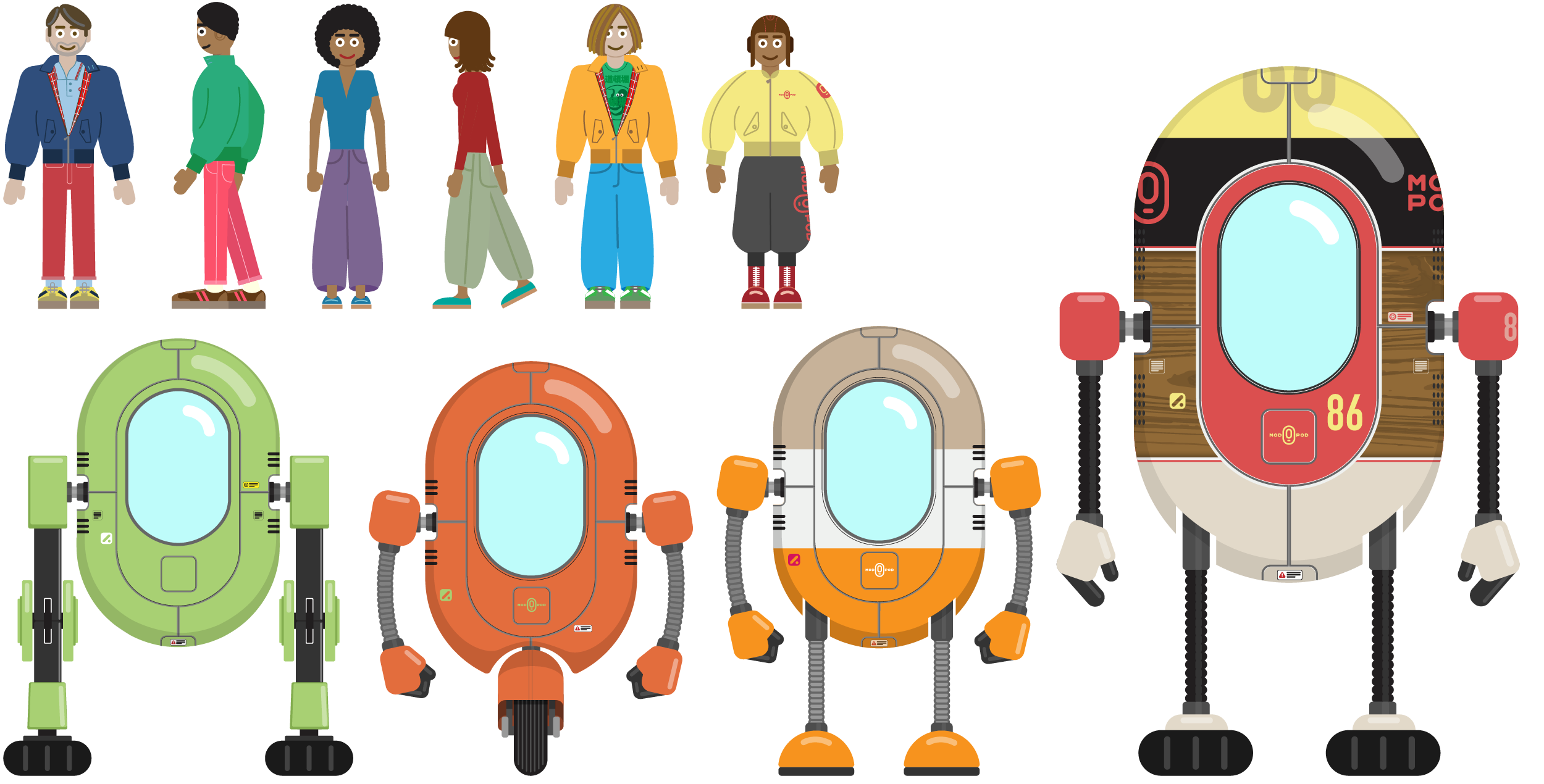 Six diverse humans and their robot companions in different colors and styles.