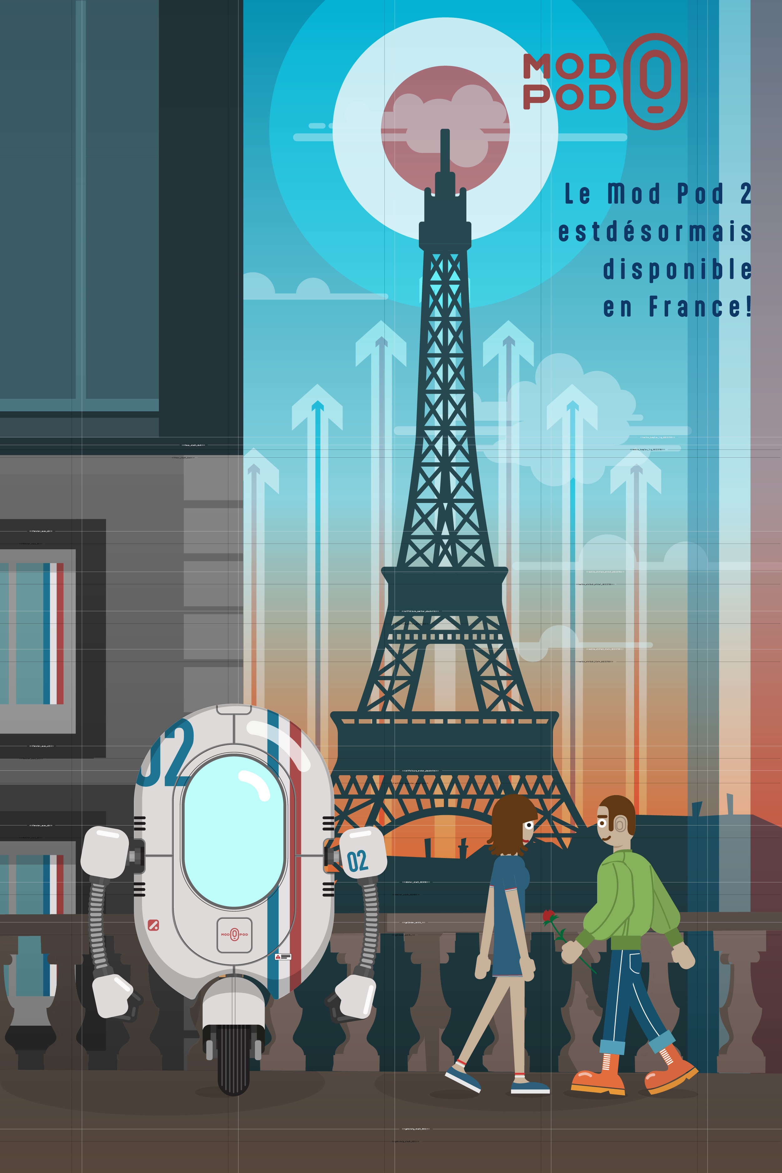 A scene set in a futuristic city with the Eiffel Tower in the background. Two people are walking, one holding a single red rose. There is a humanoid robot with a white body and robotic limbs standing in front of them. A large rocket-like structure is