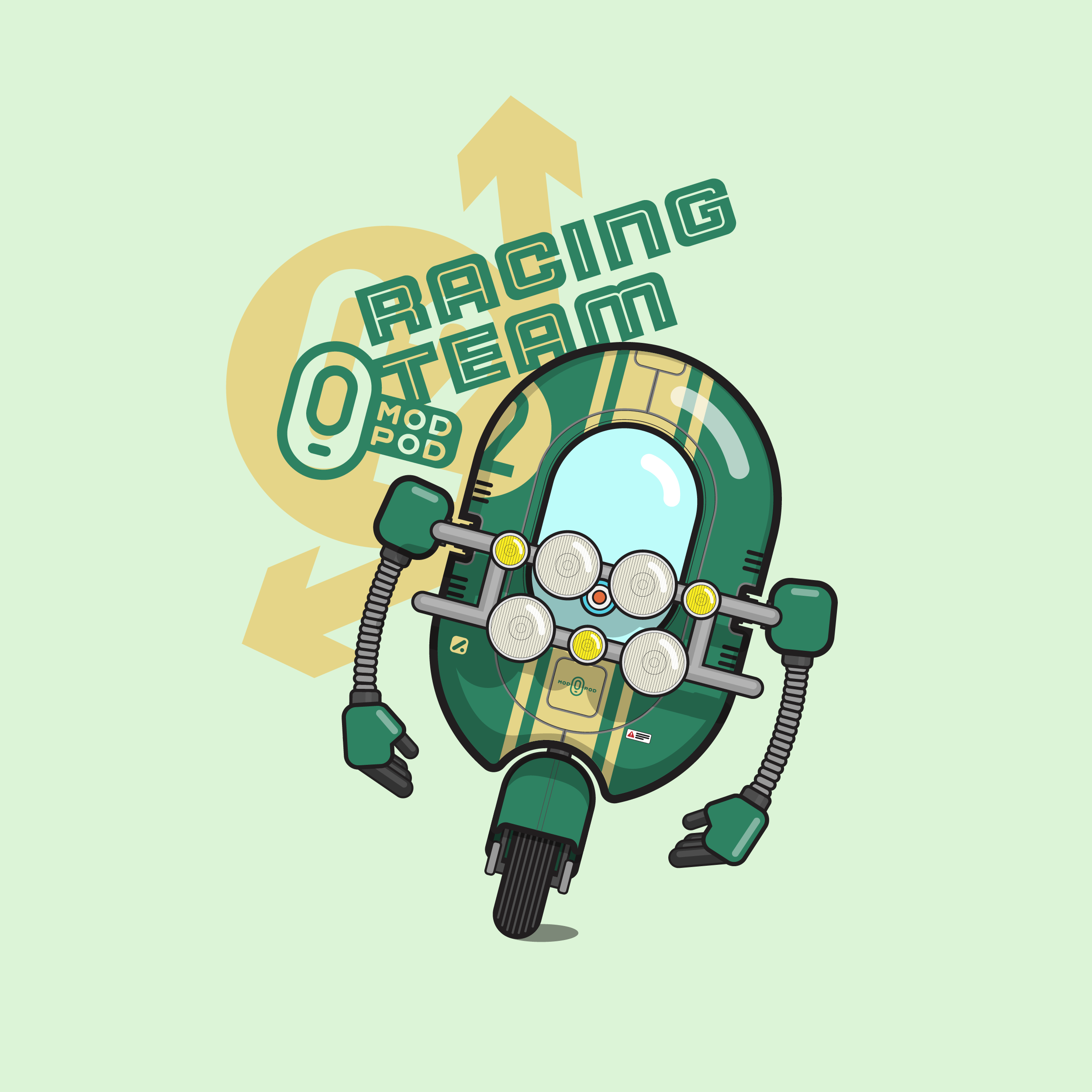 Illustration of a racing pod with various stickers and a motorcycle behind it, surrounded by text reading ' Racing', 'Mod', and 'Pod' on a light green background.