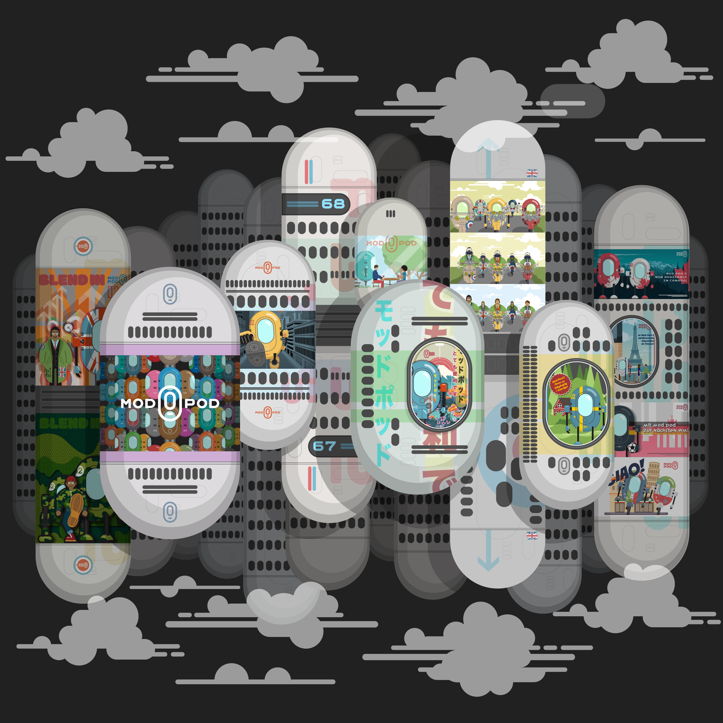 A digital illustration of various futuristic buildings, some with screens and signs, surrounded by clouds and smoke in a dark sky, with people and vehicles depicted within the structures.
