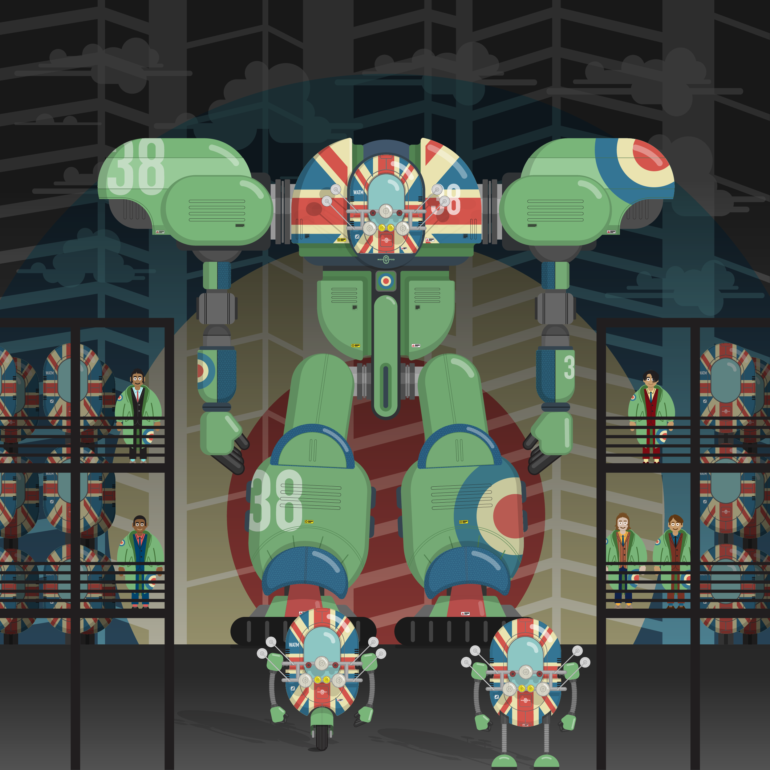Illustration of a robot with a colorful, patterned exterior standing in front of a dark background with interconnected geometric shapes and clouds, with two human figures beside it.