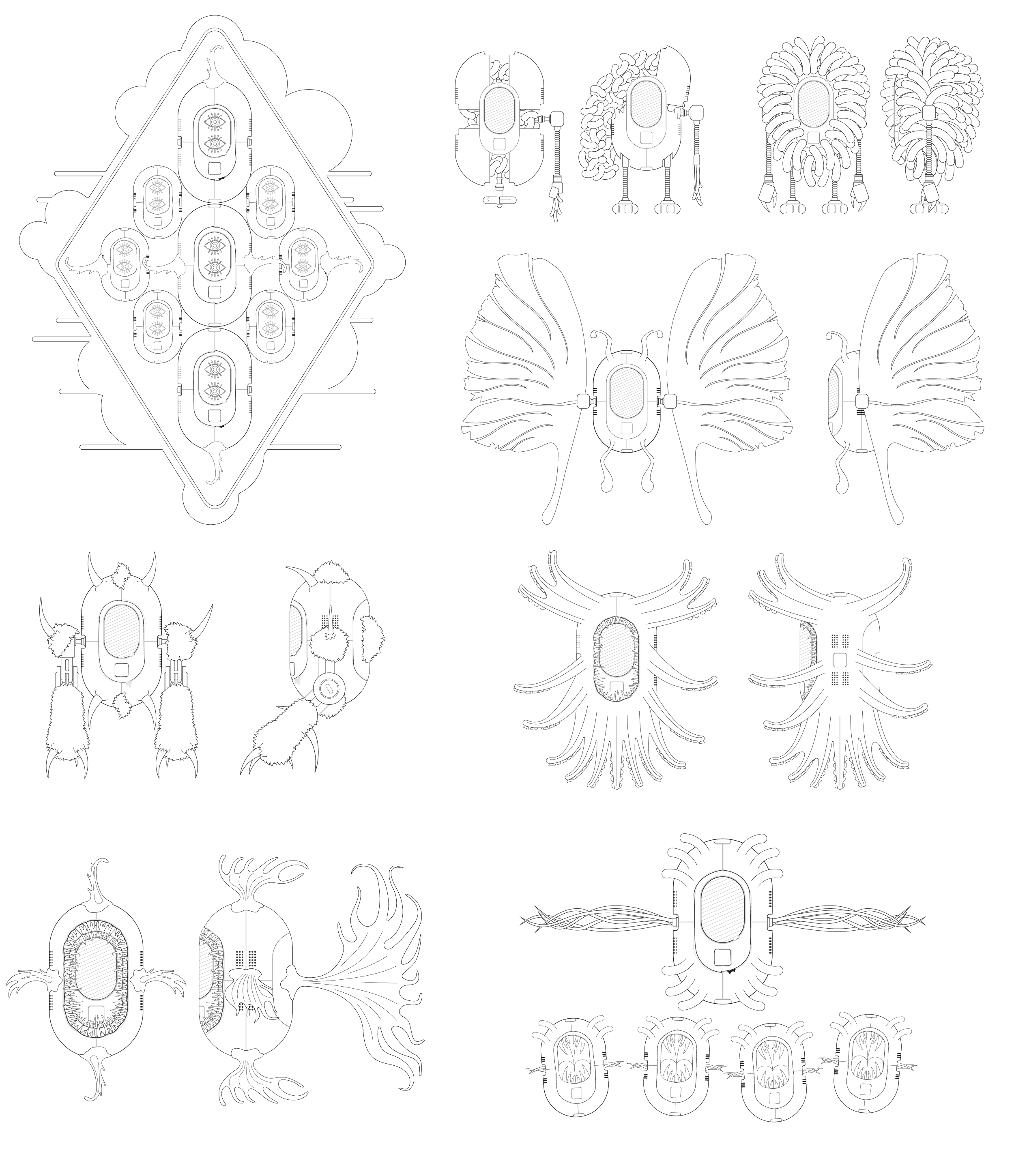Collection of various black and white digital illustrations of animal or insect-like robots with intricate designs and mechanical features.