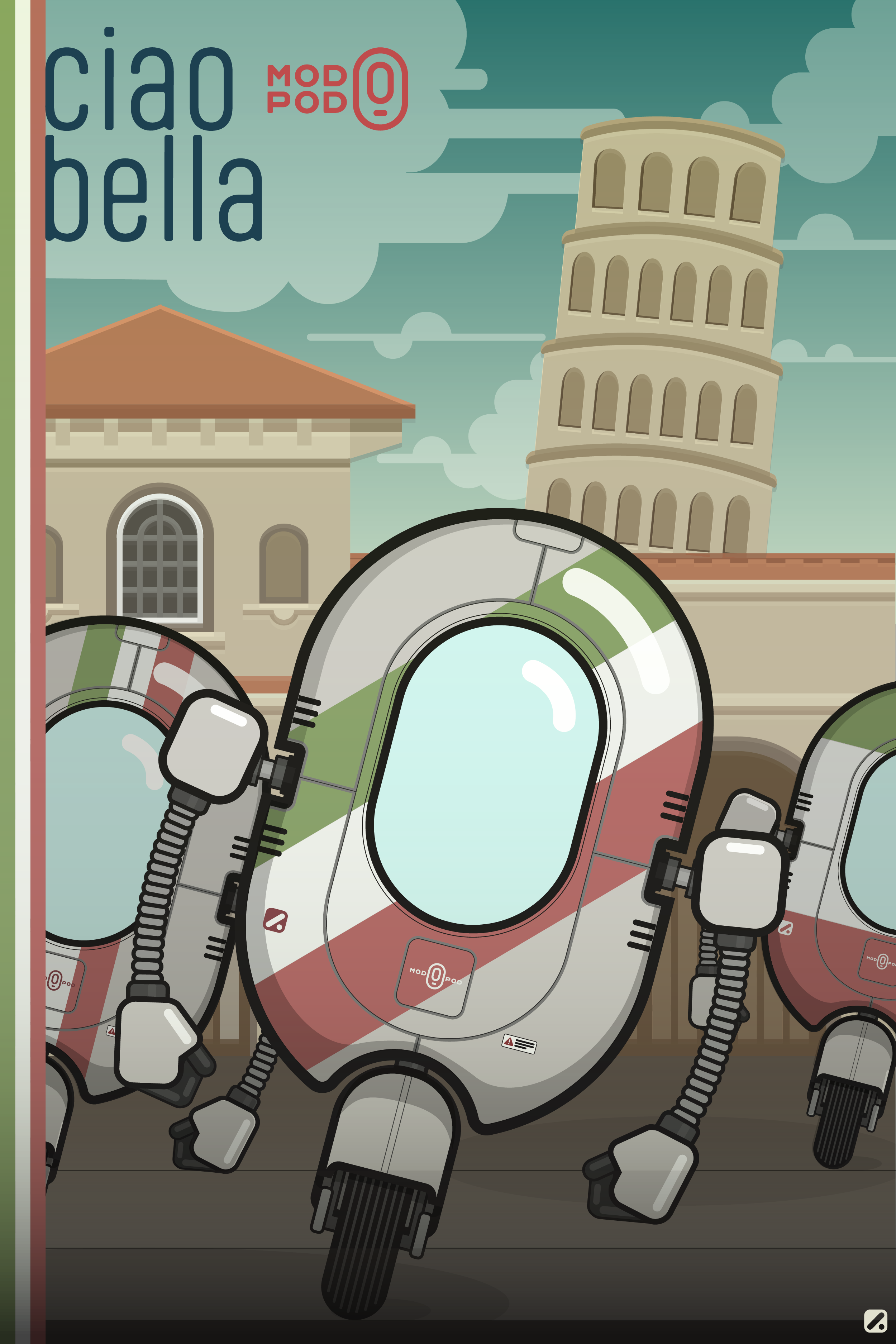 Illustration of futuristic robots with helmets resembling the Leaning Tower of Pisa, with a background of clouds and brown rooftops.