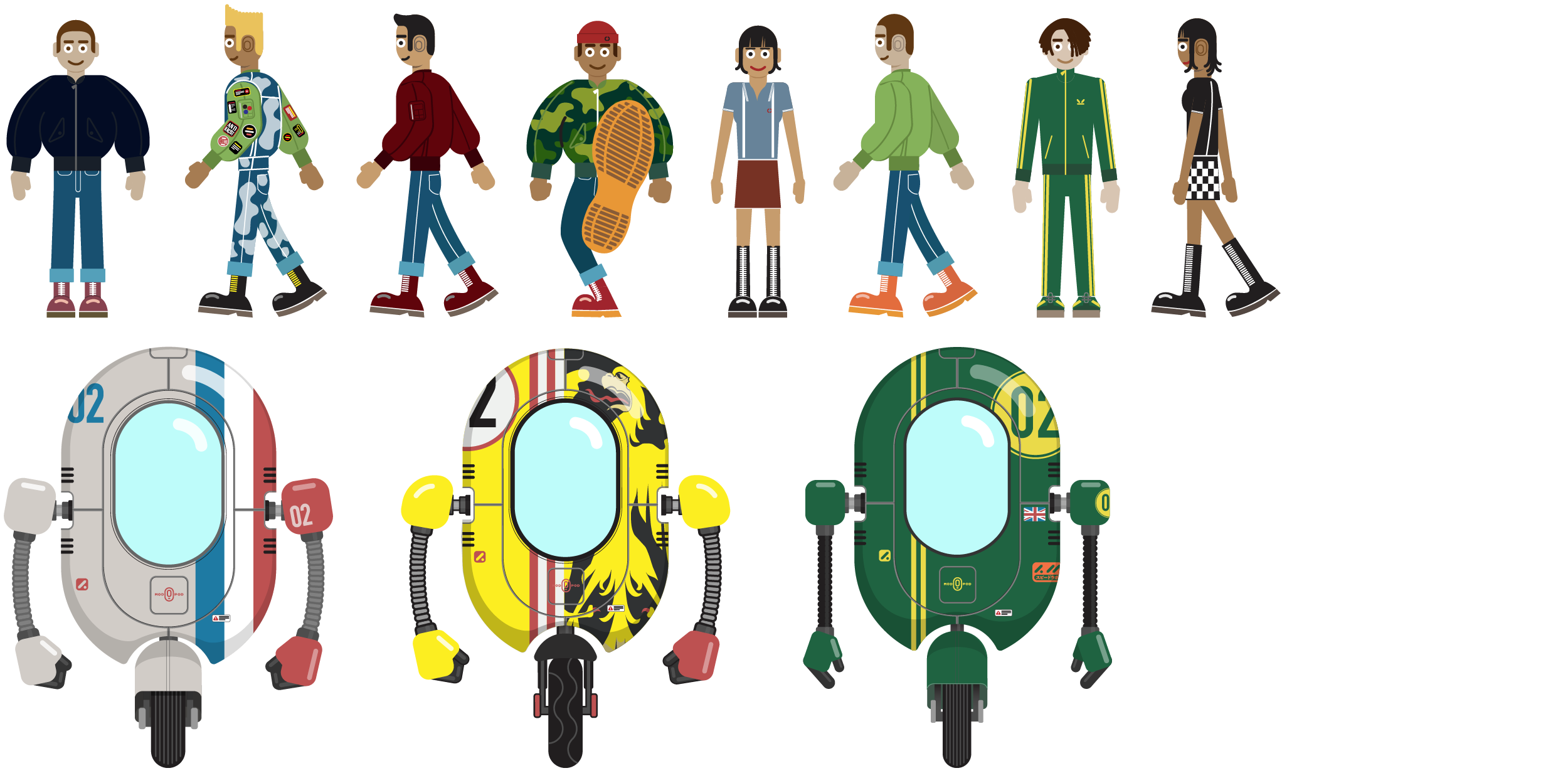 Illustration of ten diverse characters standing in a row, each wearing different streetwear and footwear, above three colorful futuristic motorized devices or suits with various designs, including a silver, yellow, and green one, all with a circuit-like appearance.