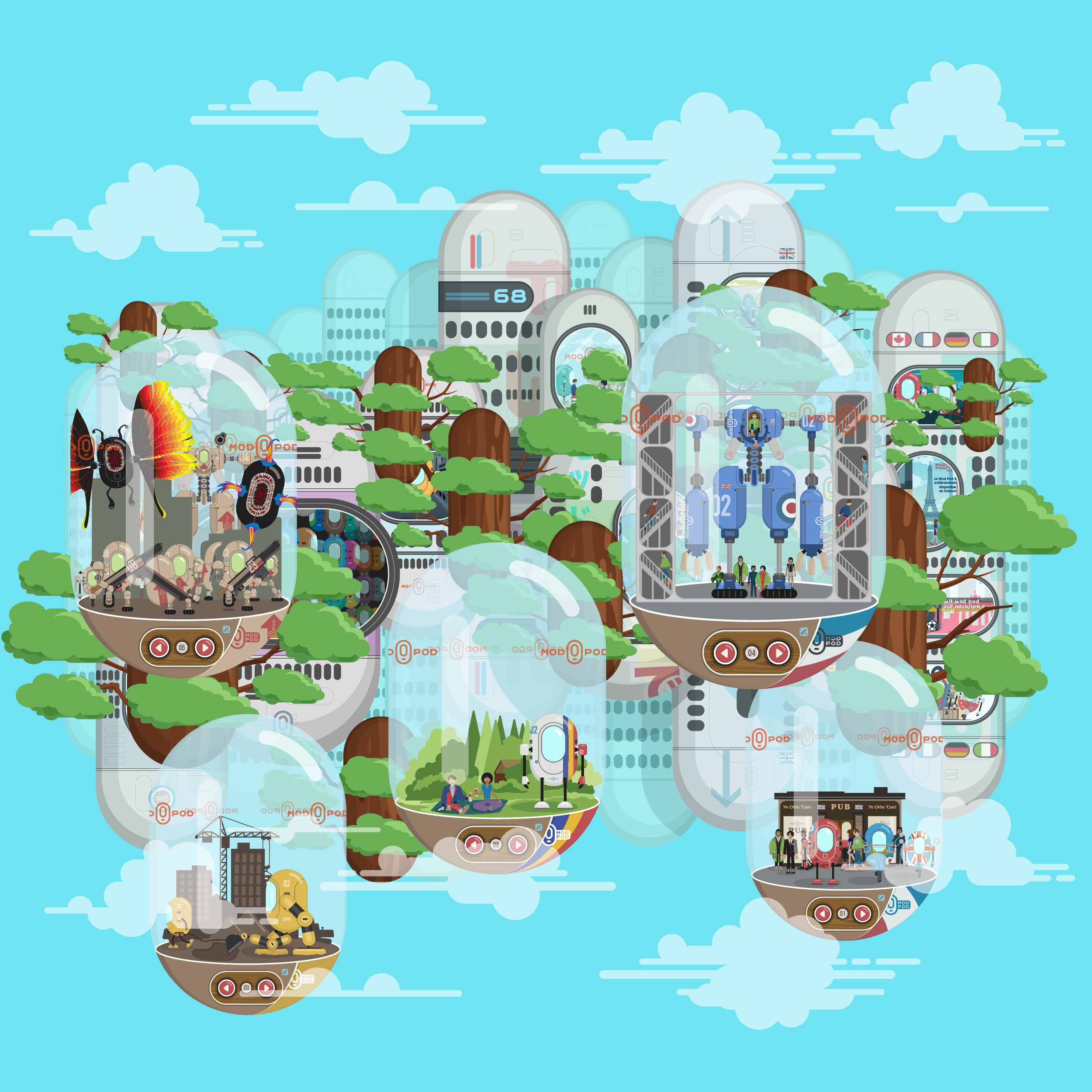 A futuristic city floating in the sky with multiple transparent domes, trees, and buildings, connected by pathways with people, vehicles, and robots.