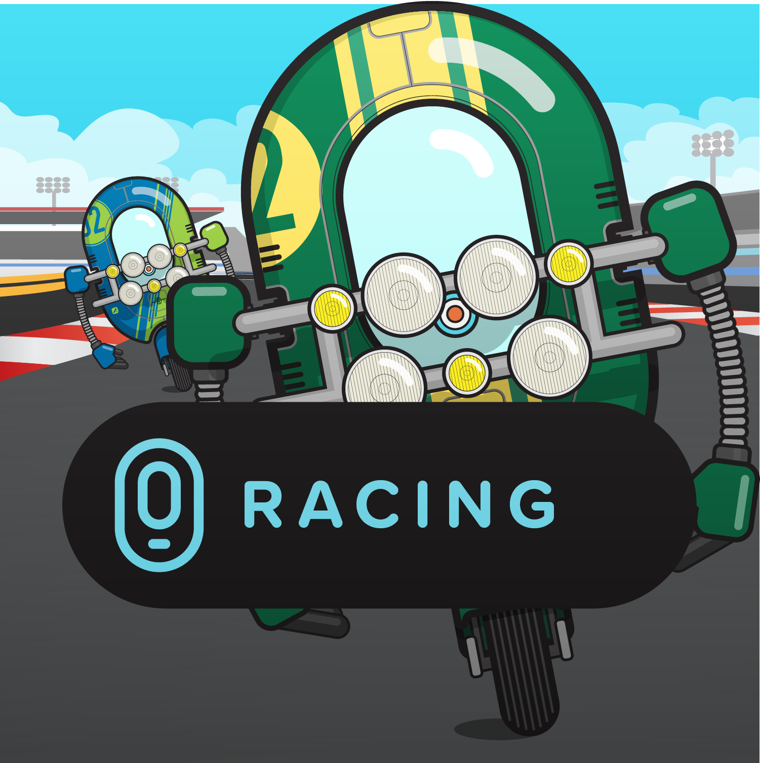 A cartoon racing motorcycle with a motorcycle helmet placed on the front part of the bike. The helmet is green with yellow and black designs. The motorcycle has multiple headlights and a black fairing with the word 'RACING' displayed and a stylized logo.