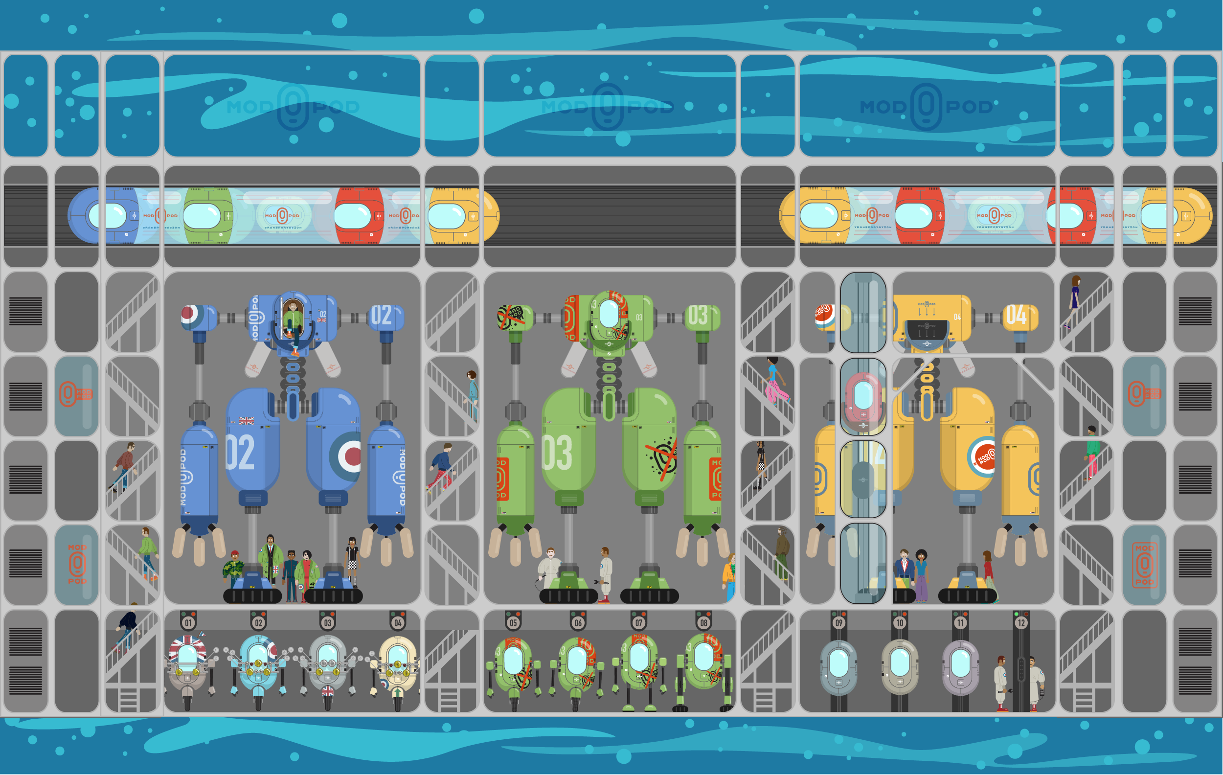 An illustration of a multi-level parking lot filled with futuristic vehicles, including colorful car pods, bikes, and people walking around or standing near the vehicles.