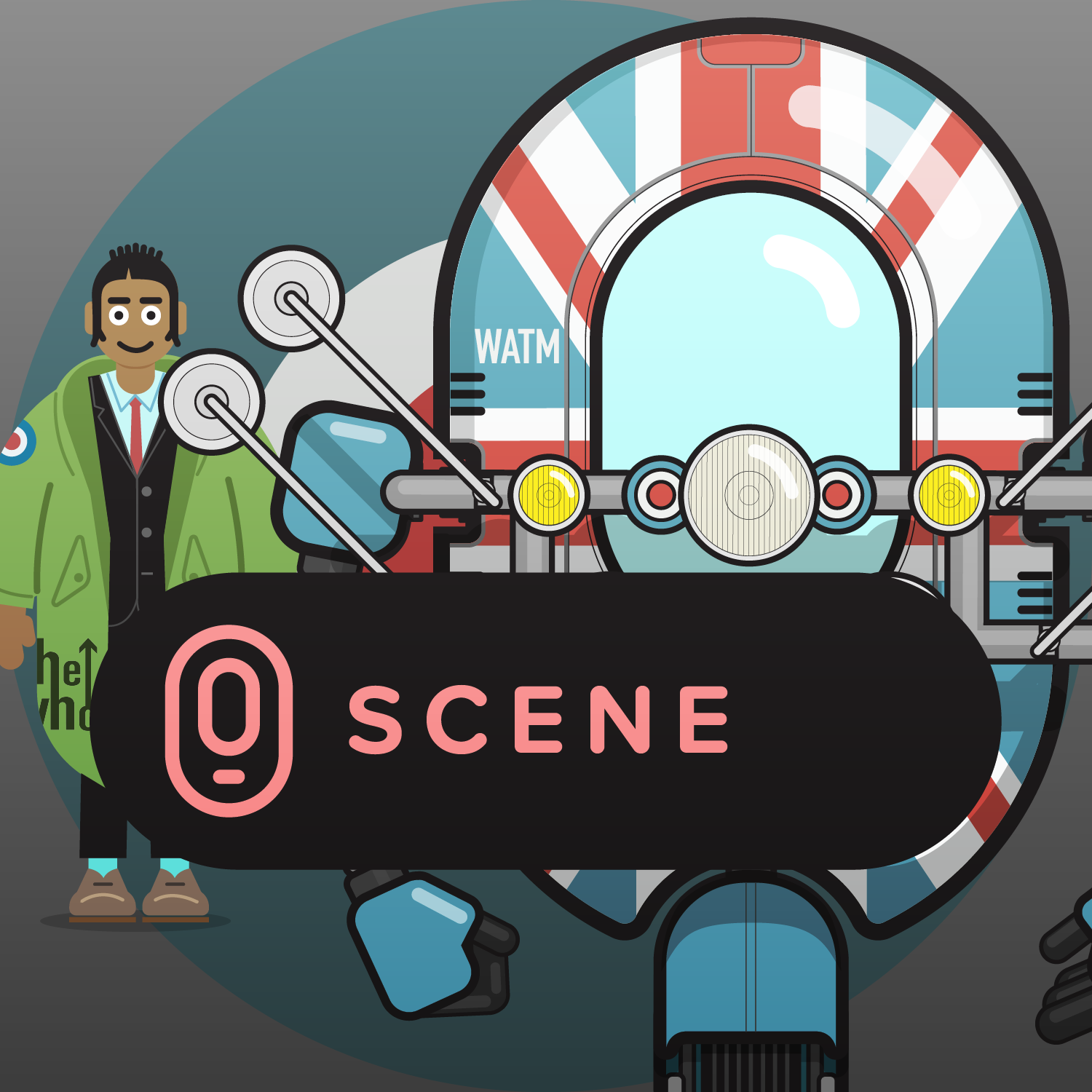 A cartoon-style illustration of a person standing next to a motorcycle at a scene of an investigation. The person is smiling, wearing a green jacket, and holding a magnifying glass. The motorcycle has various parts including lights, handlebars, and a windshield. There is a black barrier with pink text that reads '0 SCENE' in front of the motorcycle.