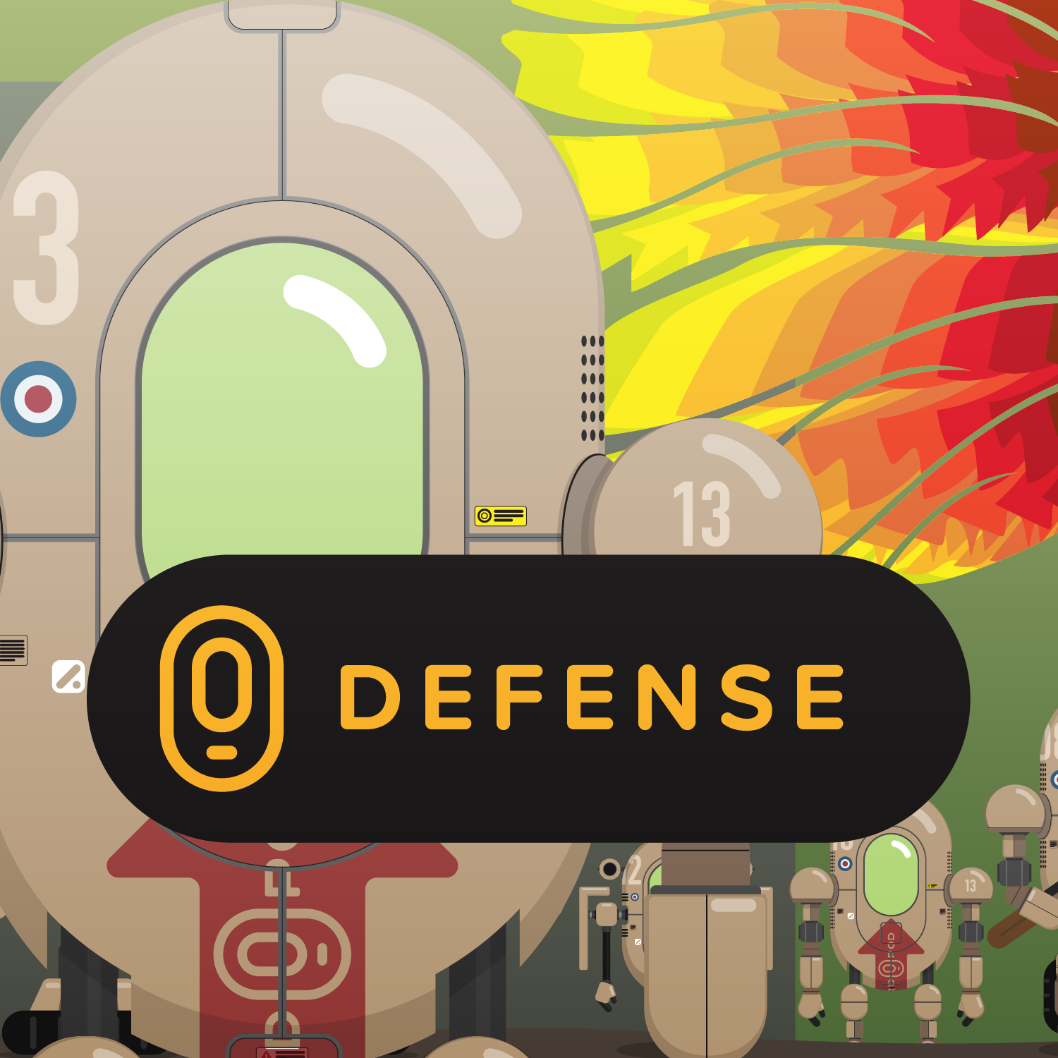 A digital illustration features a robotic humanoid with a large, round head, numbered 3, and a smaller robot with the number 13. The larger robot has a glowing green eye and a beige body with various panels and details. A black bar with the yellow text '0 Defense' covers part of the robots. In the background, there are colorful, abstract leaves in yellow, orange, and red hues.