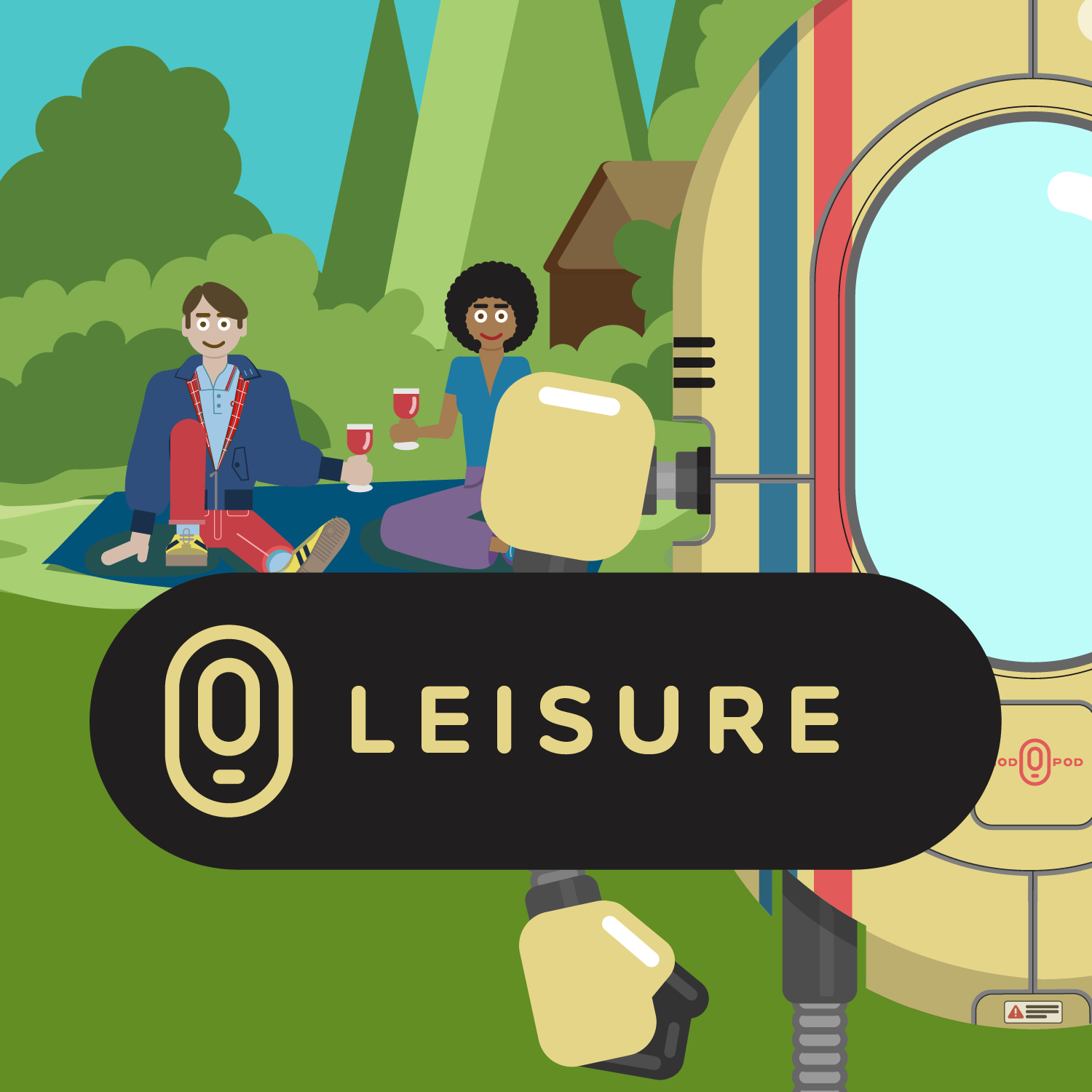 Illustration of two people having a picnic outdoors near a colorful amusement park ride, with a sign that reads 'Zero Leisure' and a magnifying glass.