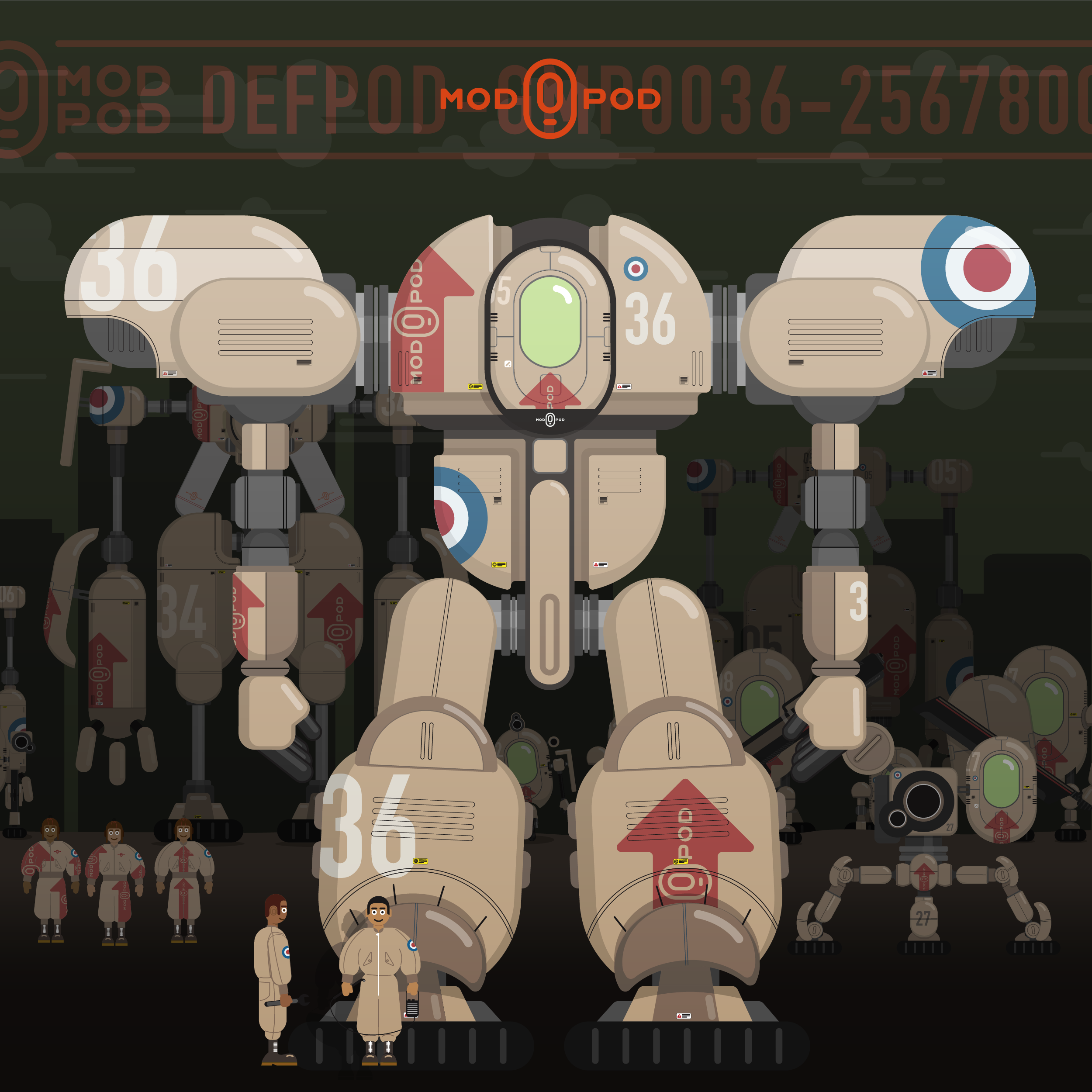 Illustration of a robot with a round body and various mechanical limbs, with small human figures below and the code MOD 0 POD displayed in the background.