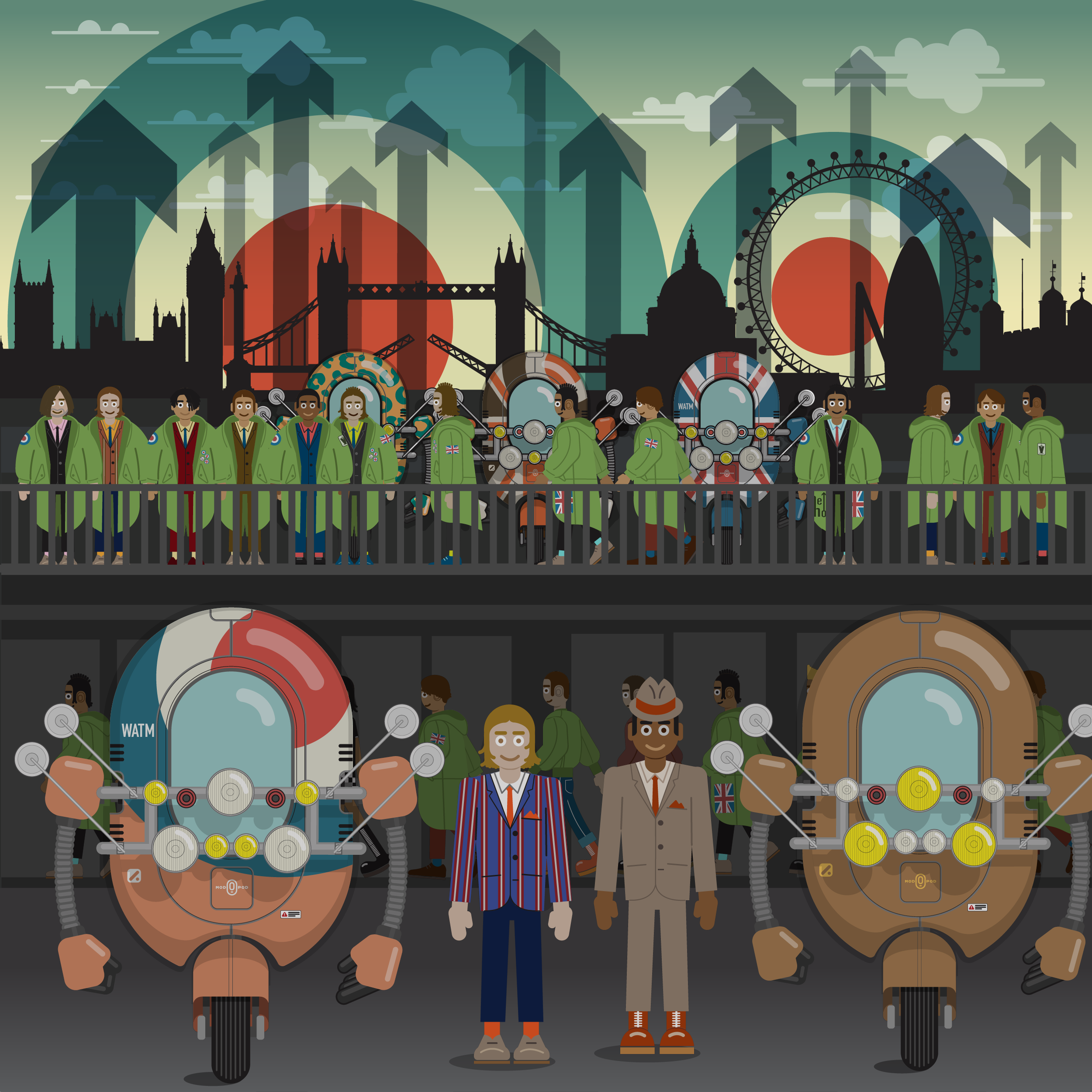 A graphic illustration of people standing in front of a city skyline with landmarks, including the Tower Bridge and the London Eye, and a background of mountains and clouds. The individuals are diverse in appearance and dressed in colorful clothing, 