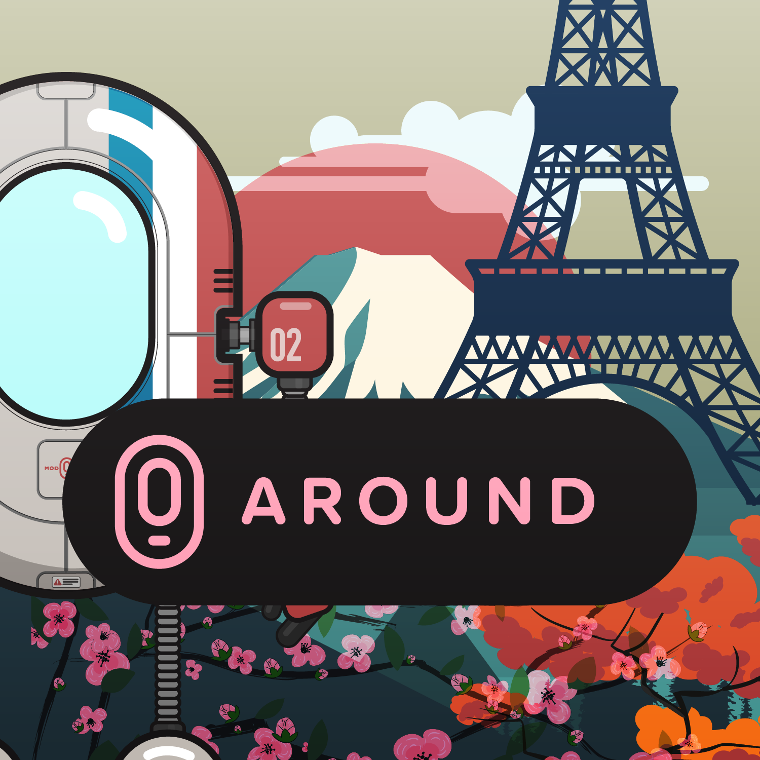 Illustration of a vending machine with a background of the Eiffel Tower, pink cherry blossoms, and orange flowers, with a sign that reads '0 AROUND' in pink letters on a black background.