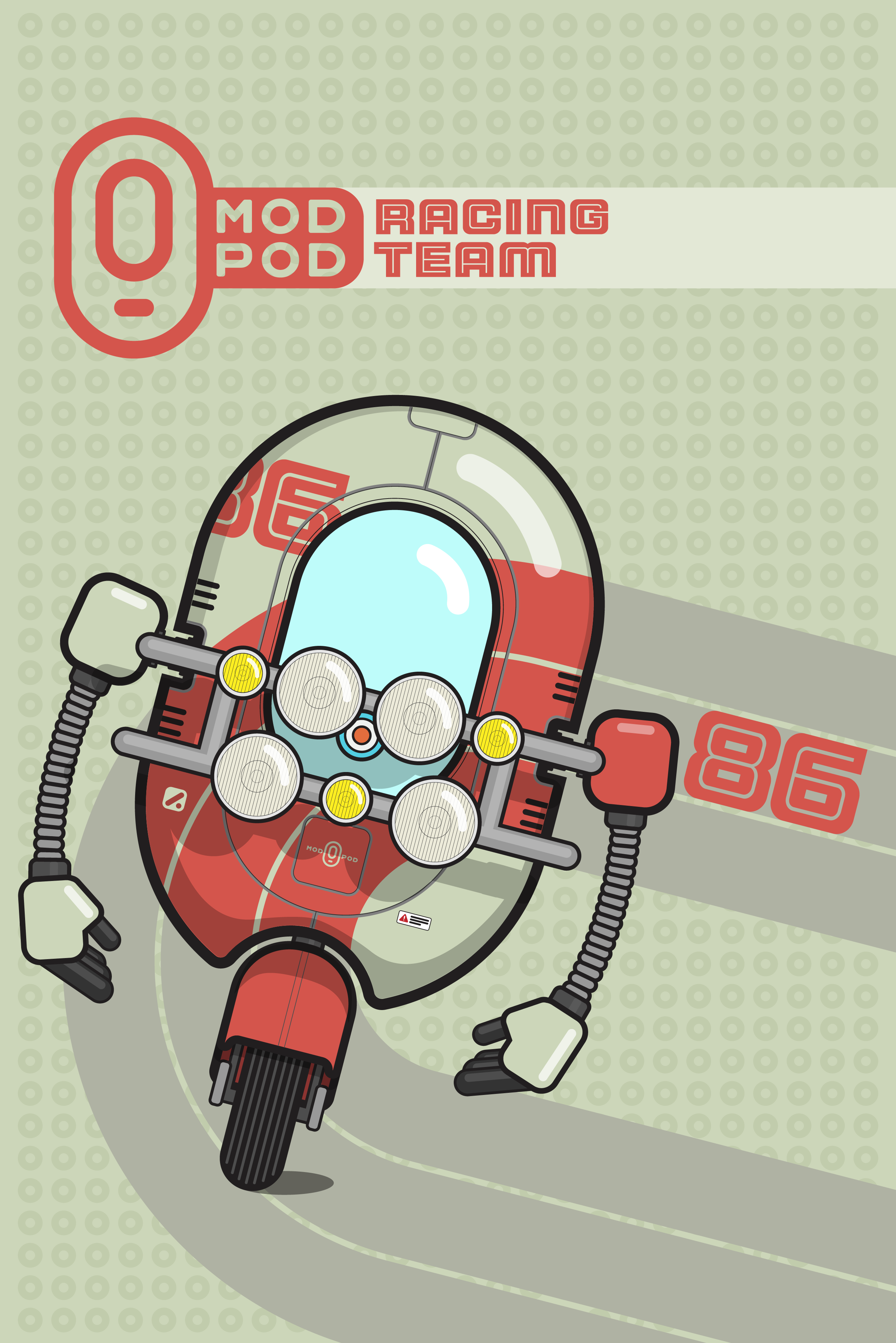 Illustration of a pod on a curved track, with a focus on the front view, featuring a bubble windshield, multiple lights, and red and gray design elements. The background has a pattern of light green circles and the text 'MOD POD RACING TEAM' in red.