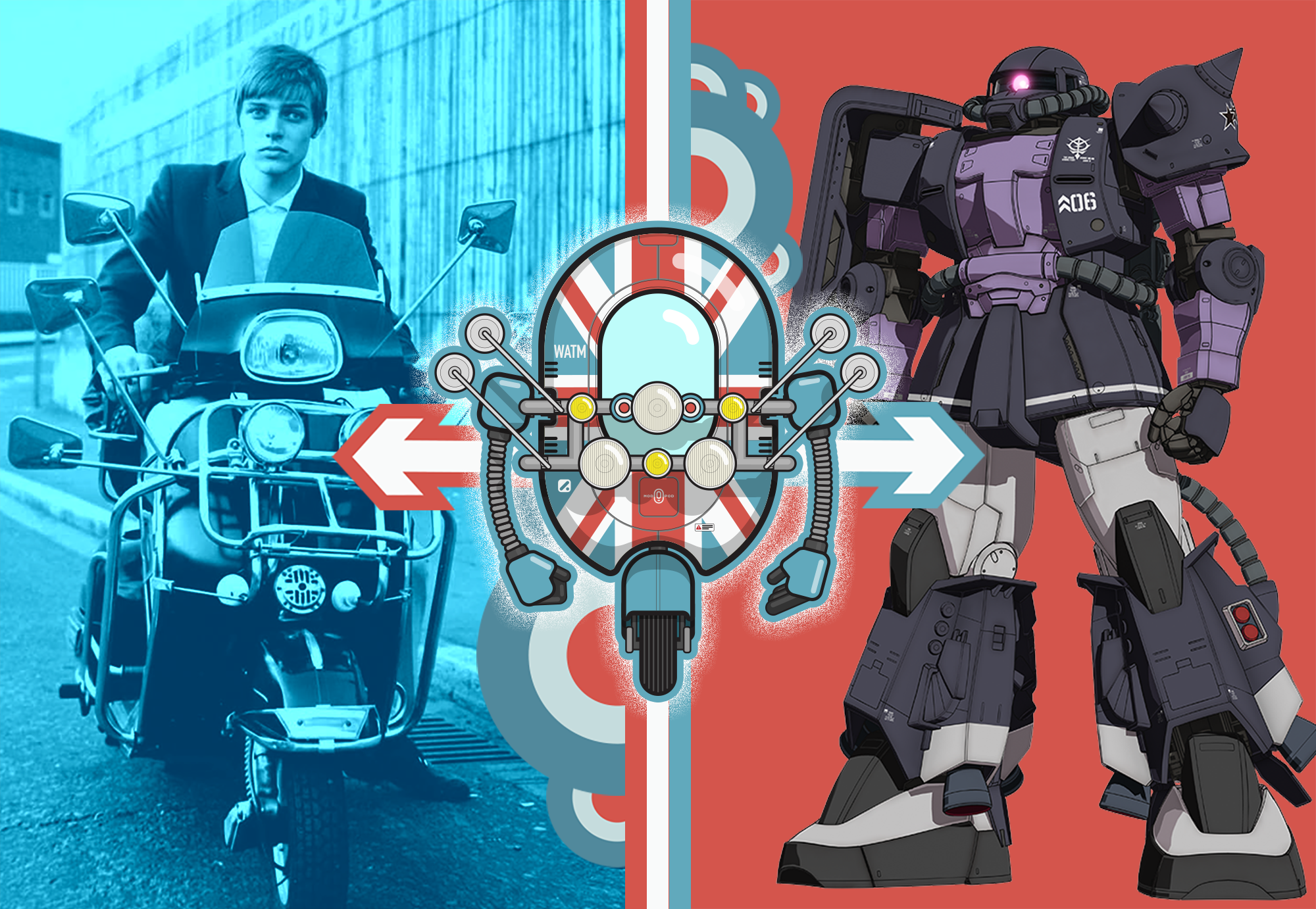 The image is divided into two halves; the left side shows a colored photo of a young woman with short hair riding a motorcycle in an urban setting, and the right side features a detailed illustration of a large purple and black humanoid robot standing against a red background.