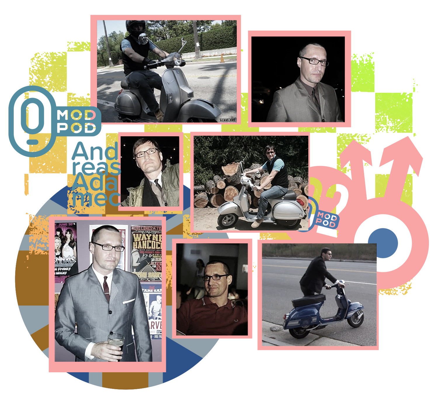 A collage of nine photos featuring a man in various settings, including riding scooters, dressed in formal attire, and casual clothing, with colorful graphic elements and text in the background.