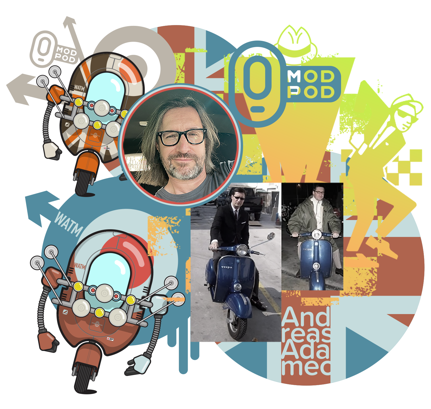 Collage featuring two images of a man riding a blue scooter, a comic-style illustration of a robotic scooter character, and colorful text and graphics. The man in the photos wears glasses, a suit, and a casual jacket.