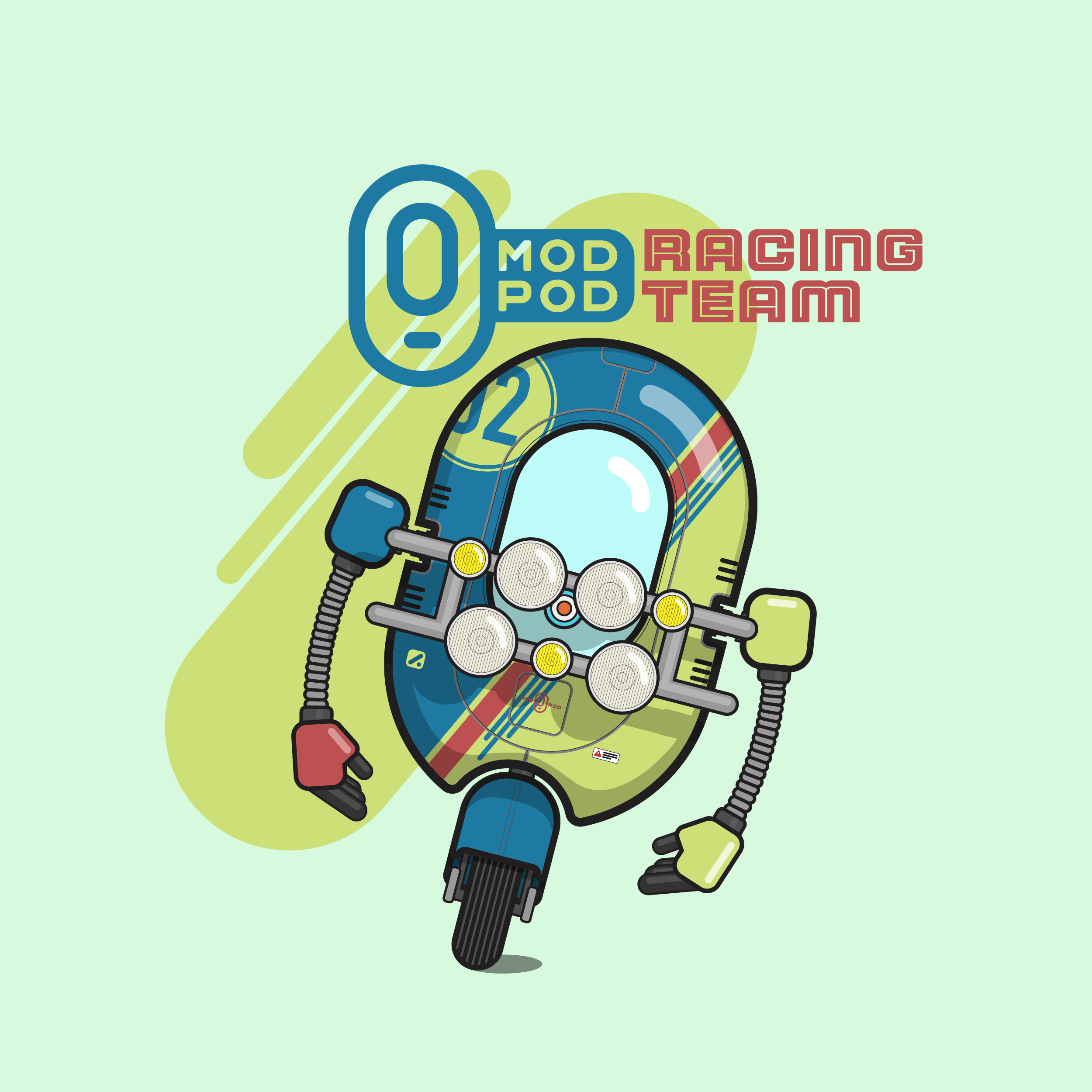Digital illustration of a pod with racing decals, goggles, and a breathalyzer device, accompanied by the text 'Mod Pod Racing Team' on a light green background.