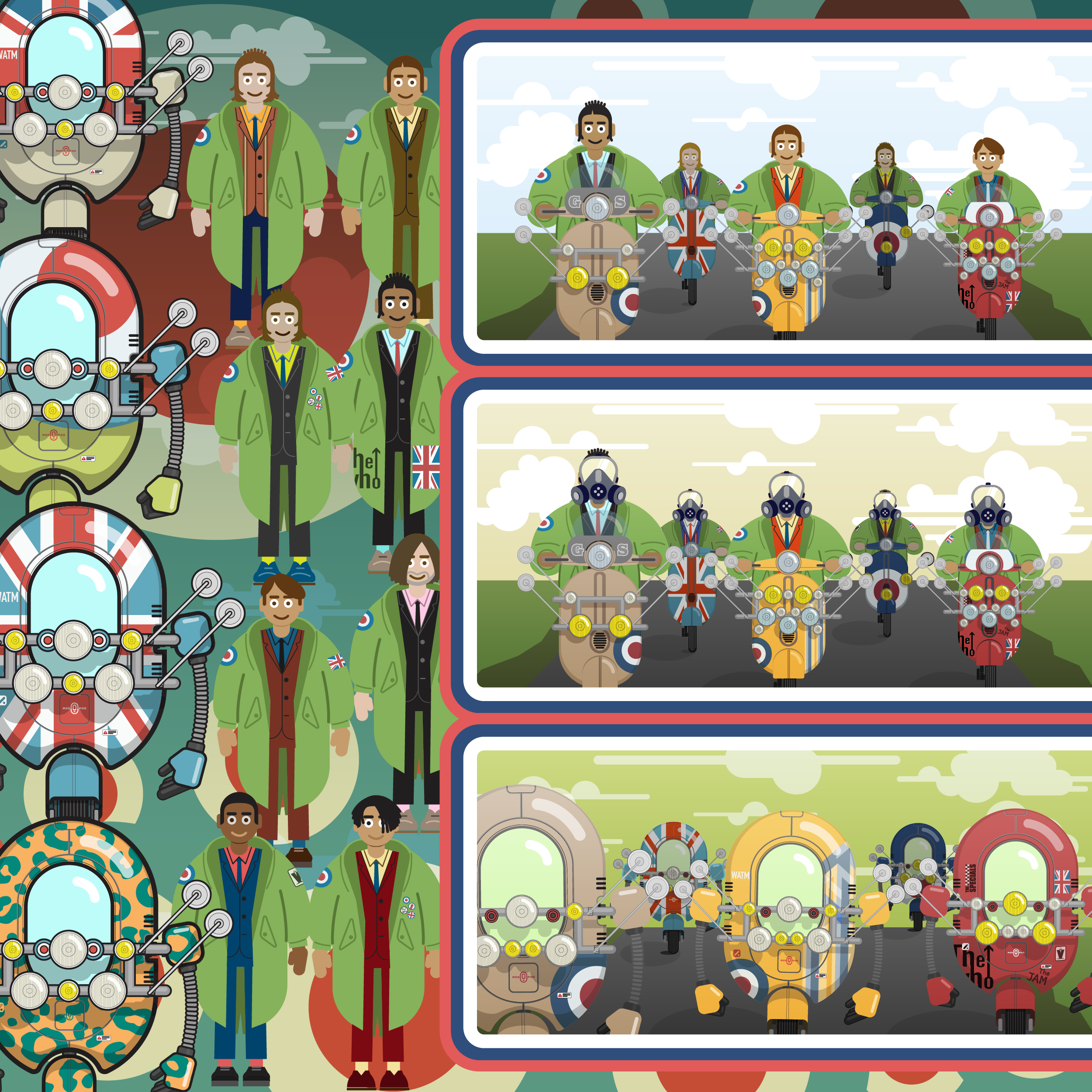 An infographic showing mods on scooters, the next image shows them wearing gas masks, and in the next image they're riding in enclosed pod scooters.