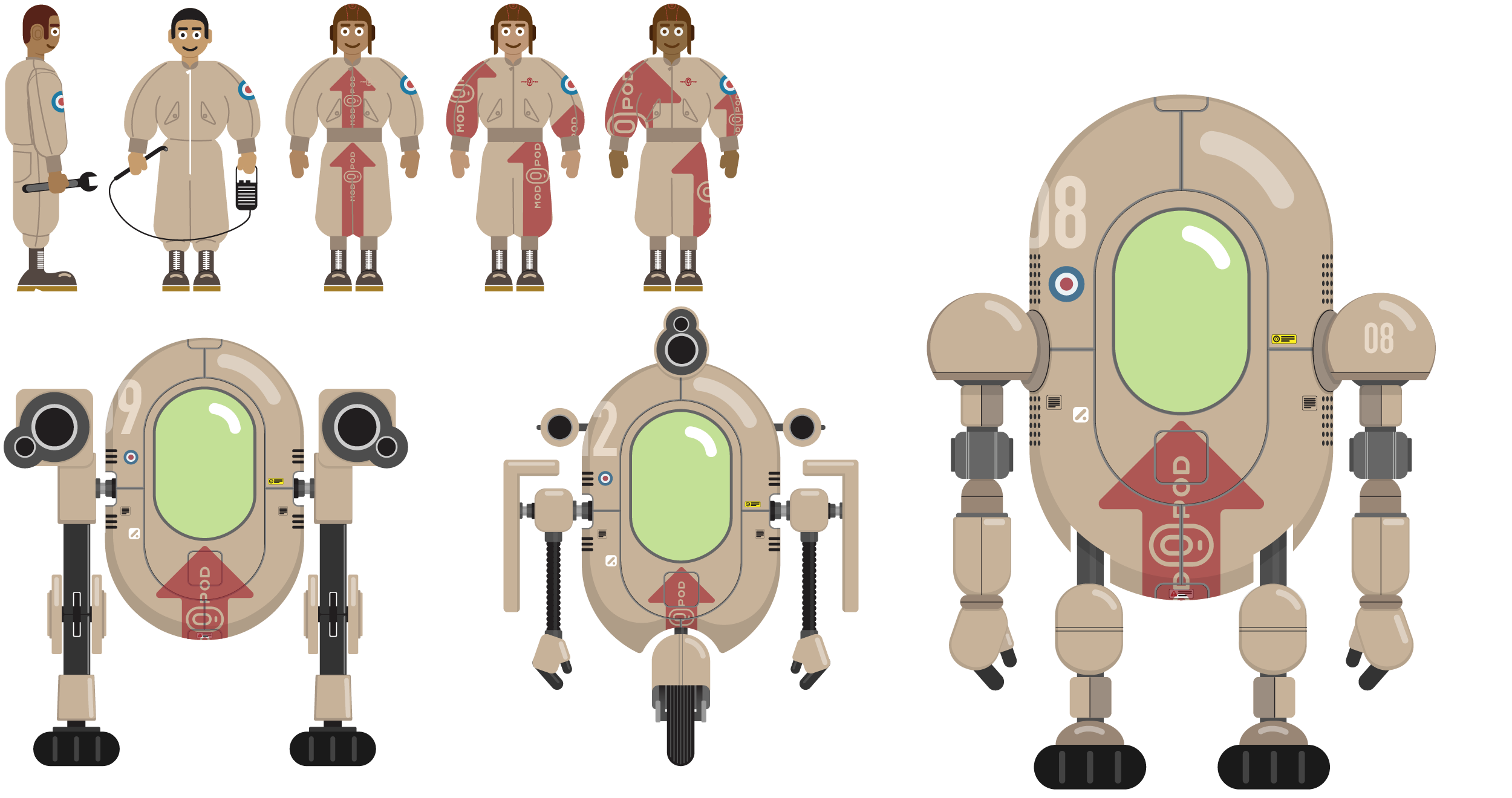 Collection of cartoon robots and characters in beige, black, and red colors, with some humanoid and some mechanical designs.
