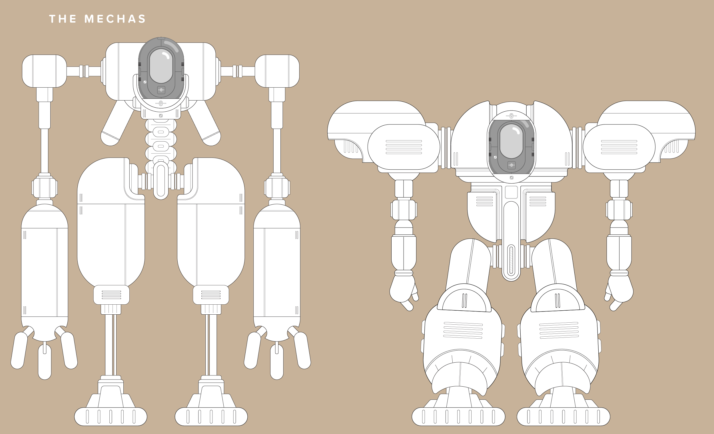 Line drawing of two humanoid mechas with large torsos, arms, and legs, labeled 'The Mechas', set against a beige background.