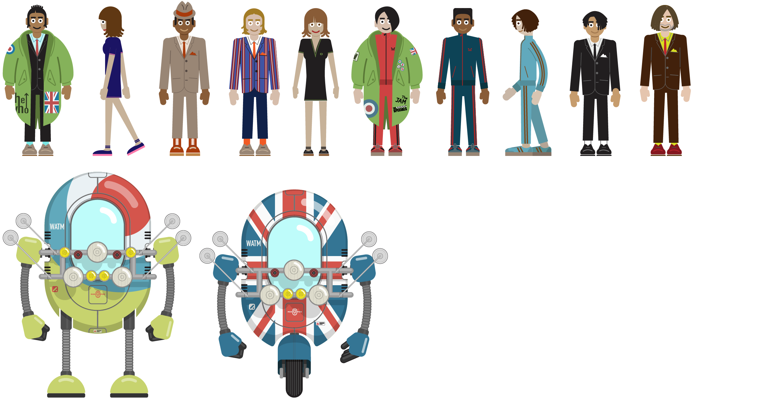 Digital illustration of ten diverse people standing in a row, each dressed in unique outfits, and two sci-fi style motorcycles below them.