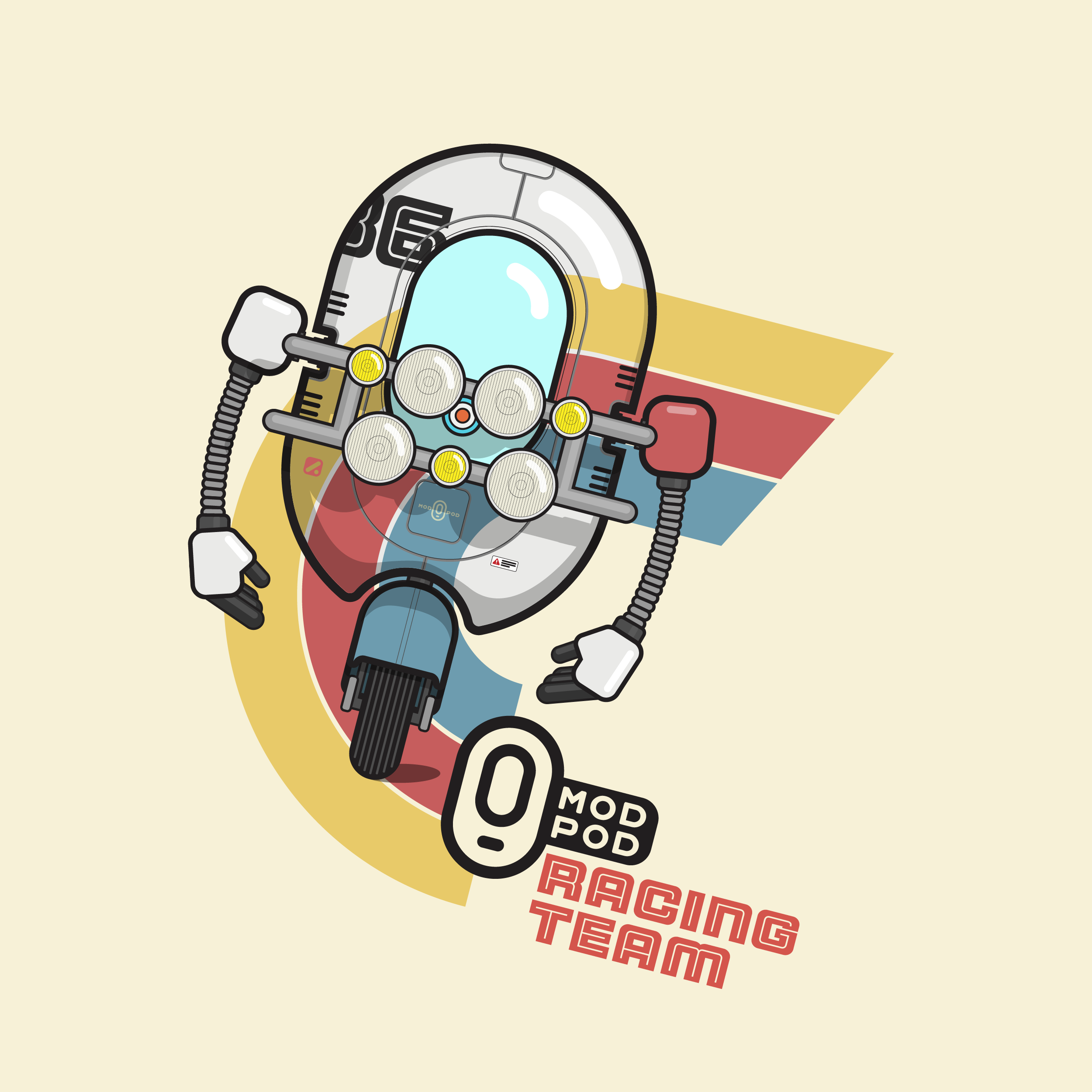Illustration of a racing pod with a background of stylized stripes and the words "MOD POD RAC-TEO" and "RACING TEAM".