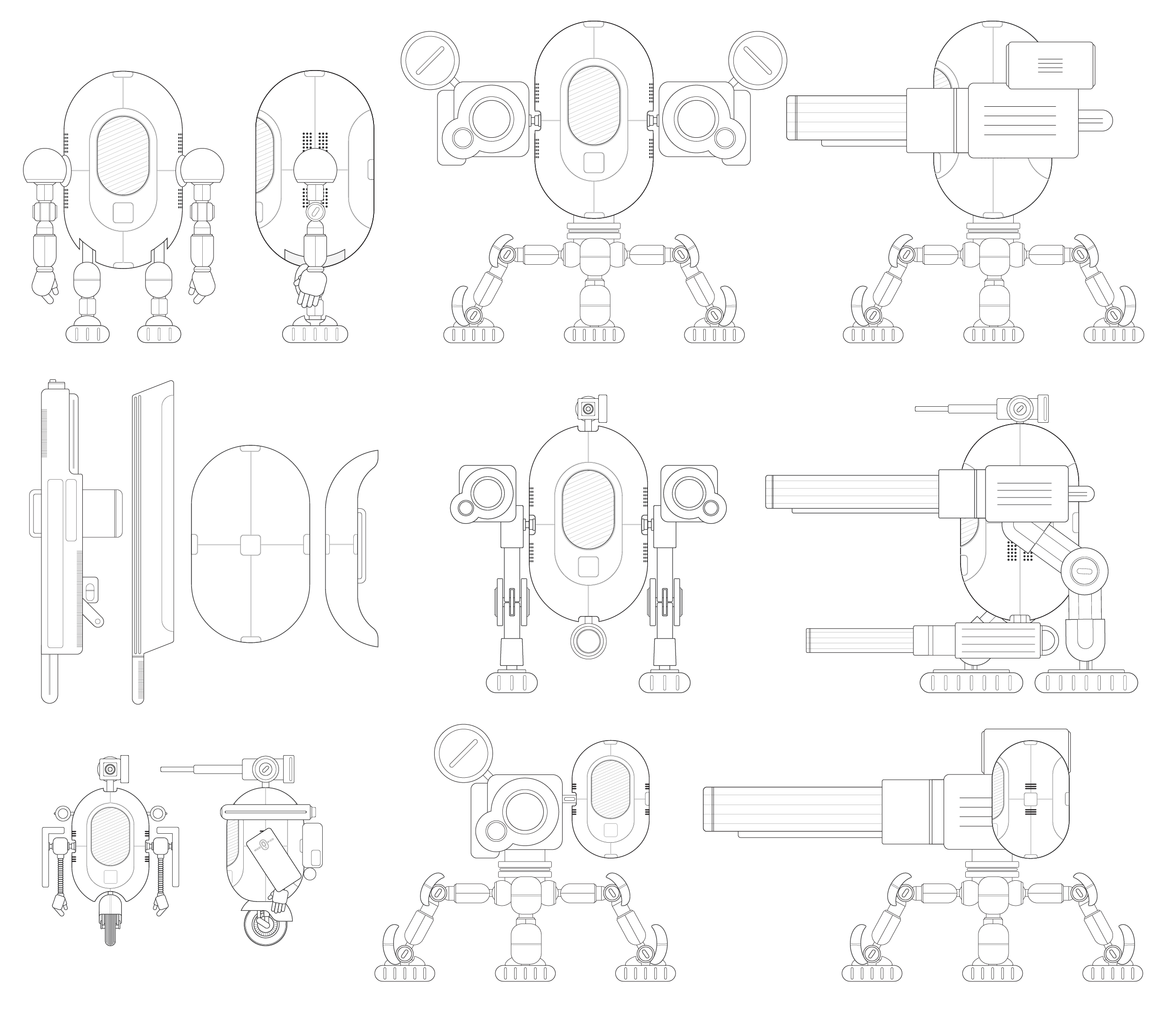 A detailed, technical line drawing of a robot with multiple views from different angles, including front, side, and top views.