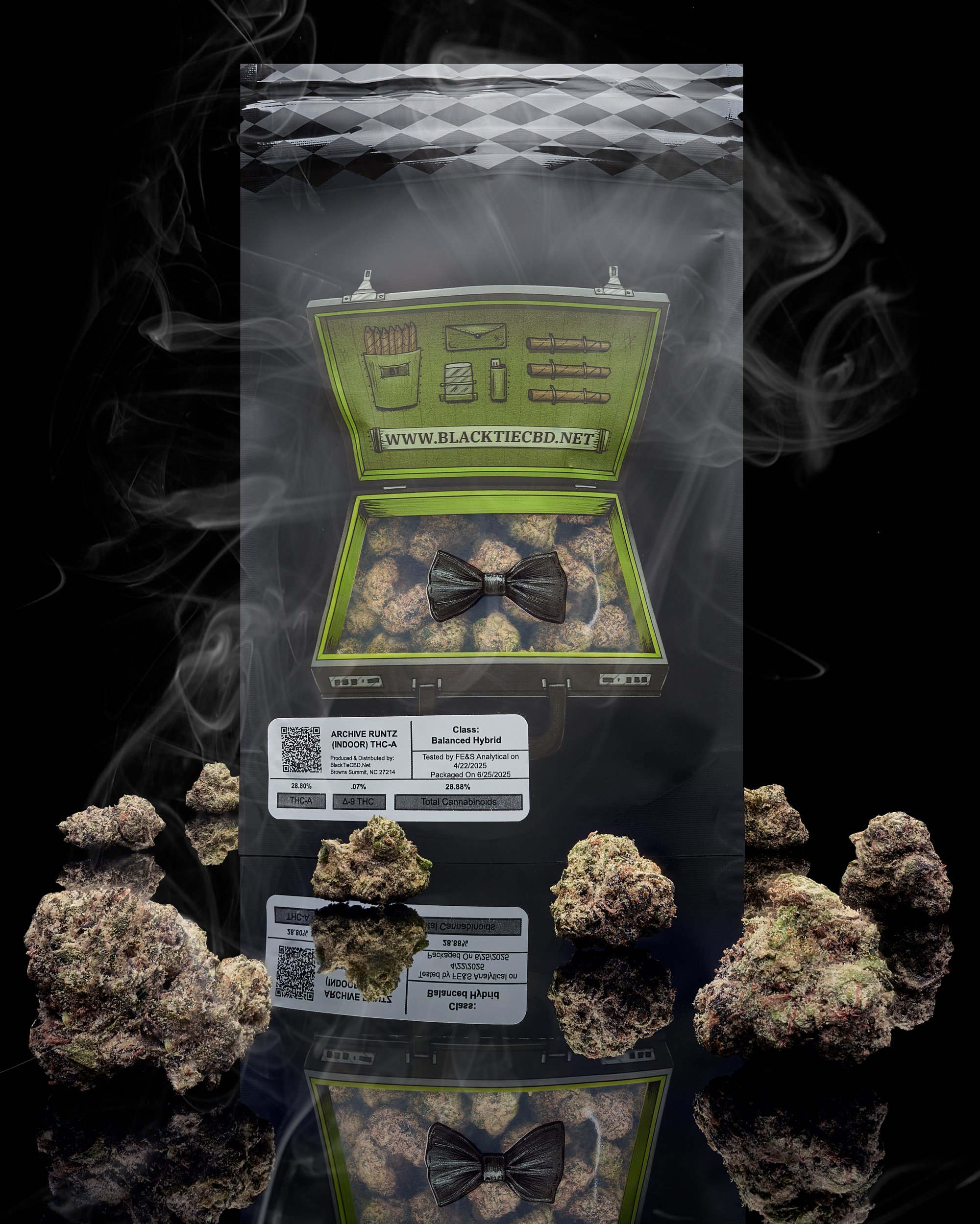 Black Tie - Archive Runtz flower, back of bag with flower and smoke, black background_.jpg