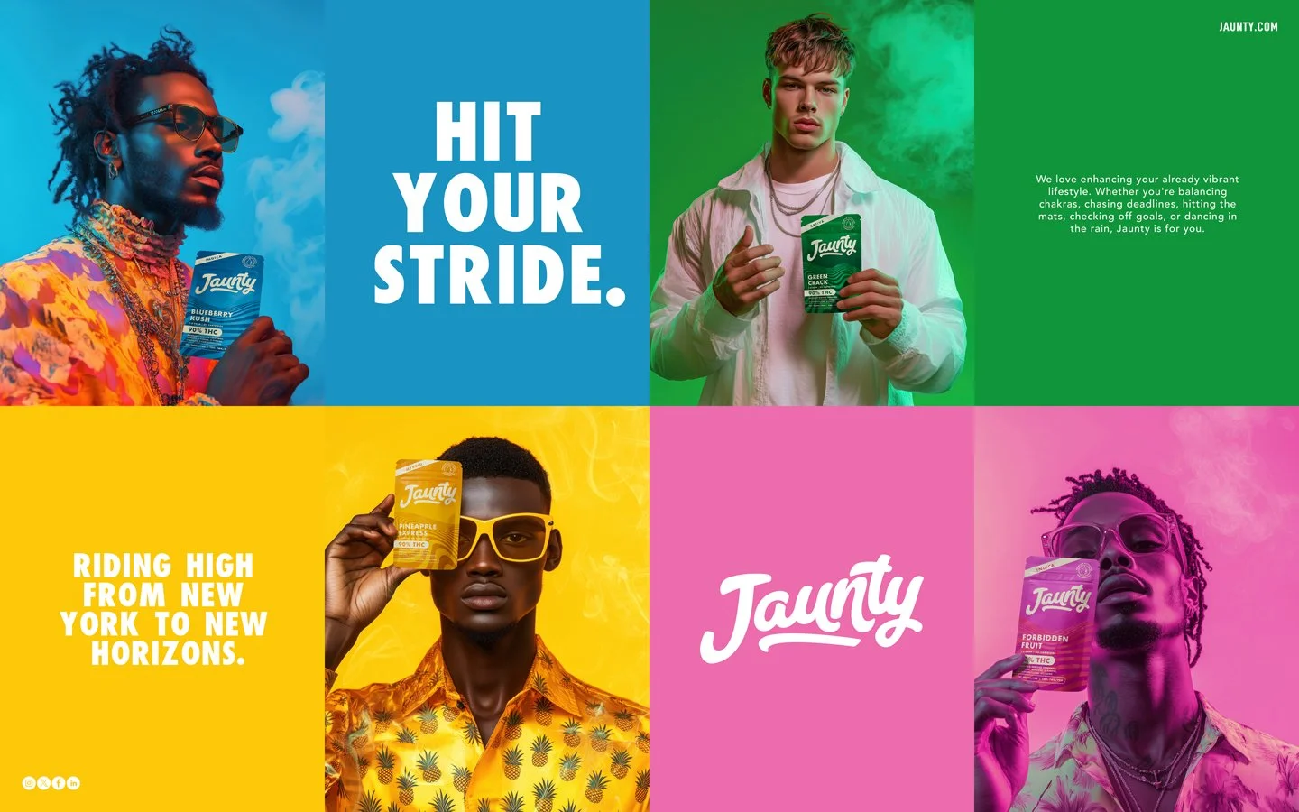 A colorful advertisement featuring four young adults, each holding a package of Tauny cannabis product. The background is divided into four sections: blue, green, yellow, and pink. The top left section shows a man with sunglasses and jewelry against 