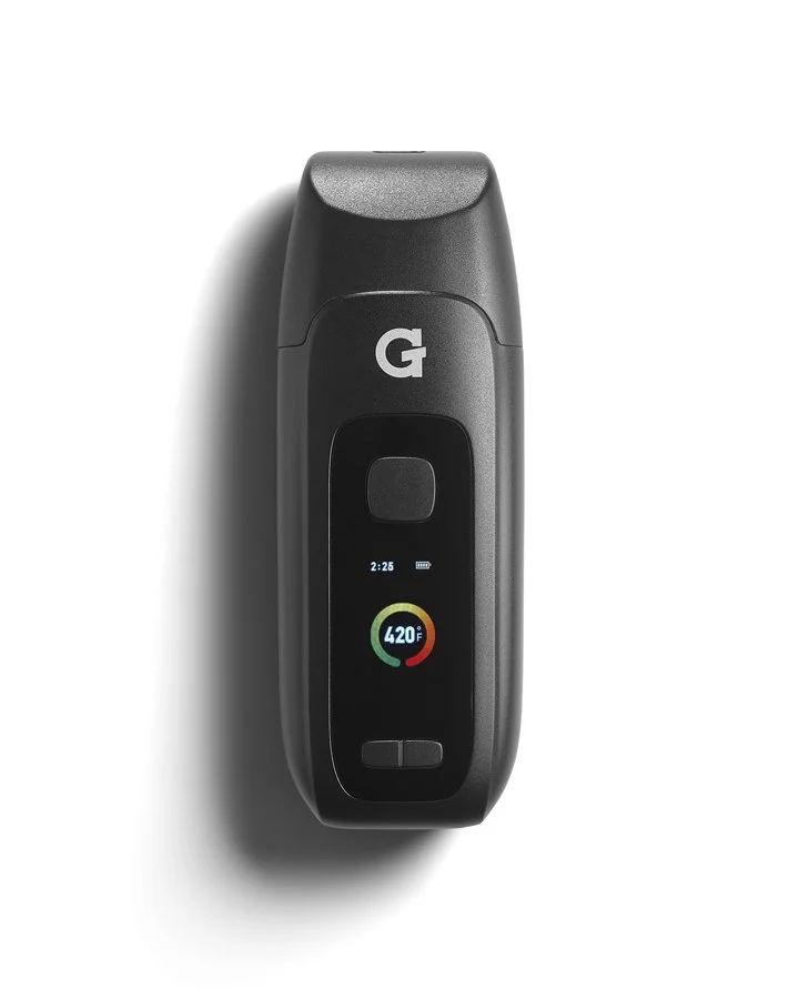 A black portable vaporizer with a digital display showing 420°F temperature, a time of 2:25, and a battery indicator.