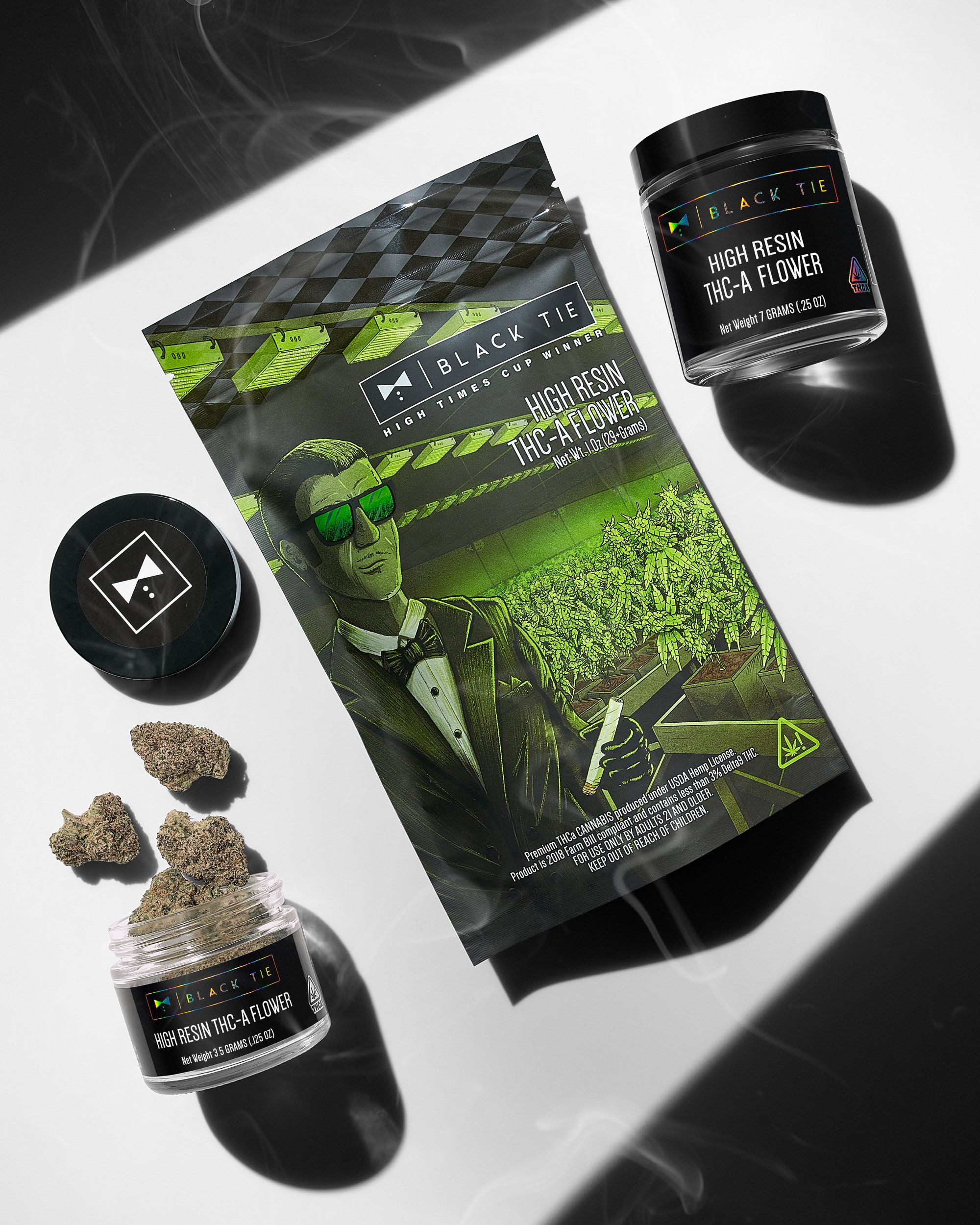 Black Tie - Archive Runtz flower, creative shot with smoke, feature 8th 7 gram and mylar bag_.jpg
