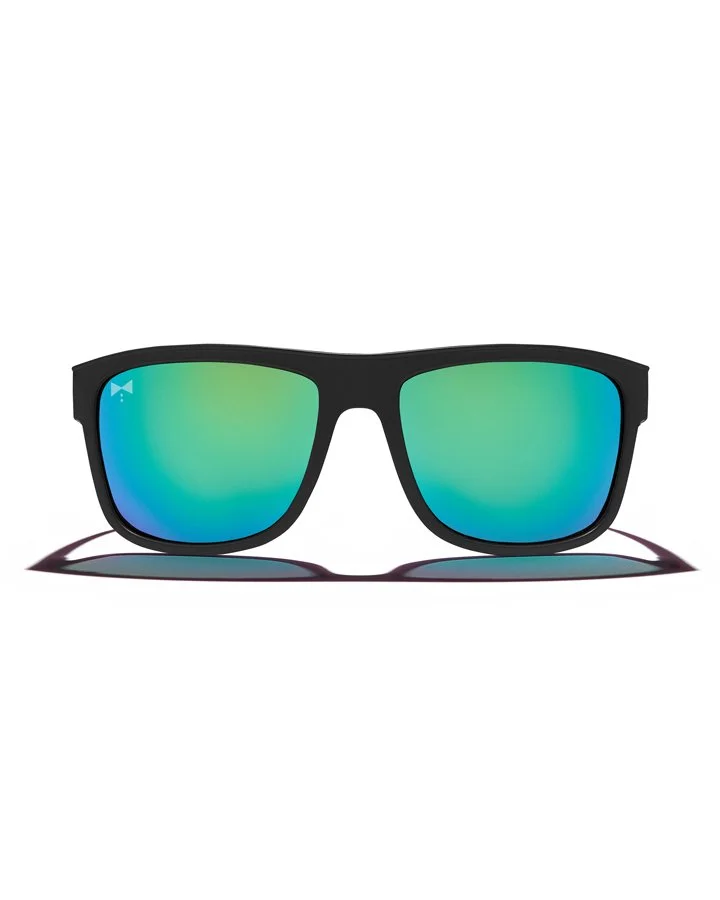 Black sunglasses with green and blue reflective lenses on a white background.