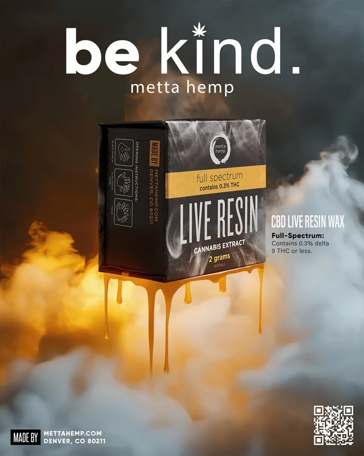A promotional image for Meta Hemp CBD live resin wax, showing a black box with orange and white text, surrounded by clouds and smoke. The box highlights full spectrum and contains 0.3% THC. The background is dark with orange and white clouds, and the