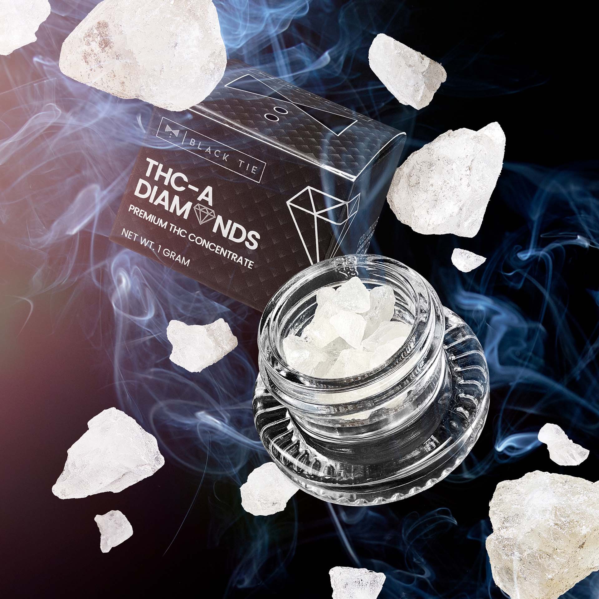 Black Tie - THCA Diamonds, diamonds and packaging shot.jpg