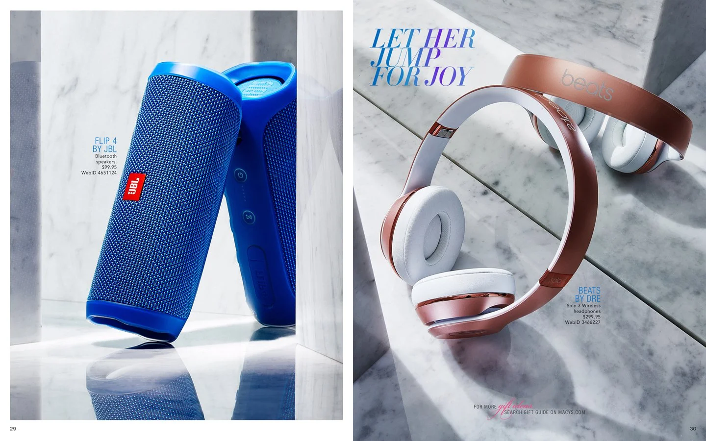 Two pages from a catalog showcasing Bluetooth speakers and wireless headphones. The left page features a blue JBL Flip 4 Bluetooth speaker, priced at $99.95. The right page displays rose gold Beats by Dre Solo 3 wireless headphones, priced at $299.95