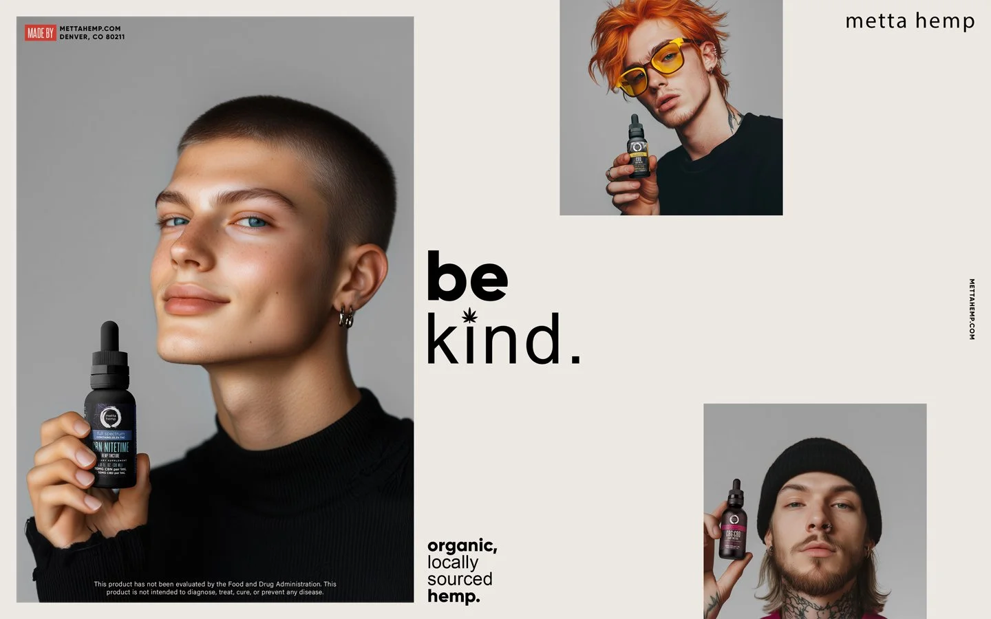 Three young adults each holding a CBD oil bottle, with the central person smiling and the text 'be kind' in the center and 'organic, locally sourced hemp.' at the bottom. There are small photos of two other individuals, one with orange hair and sungl