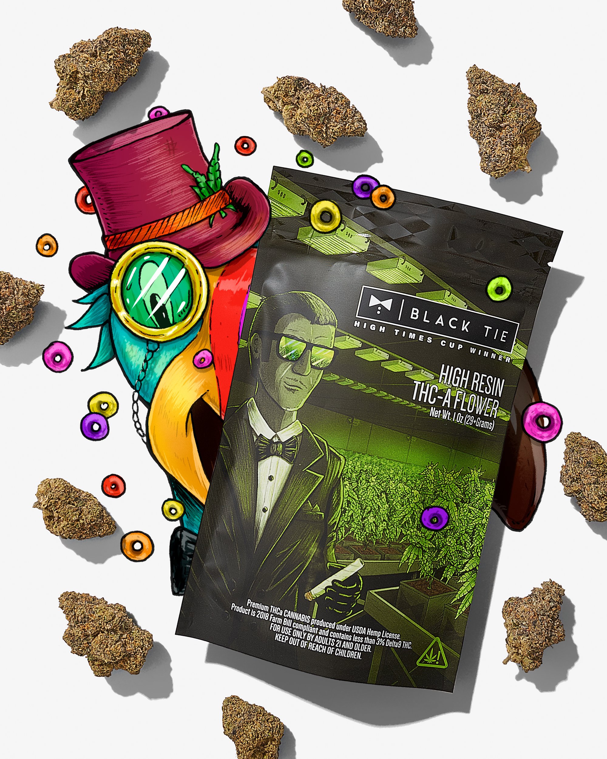 Black Tie - Fruity Loops, front of bag with flower, with design subtly layered in background, see swipe 4_.jpg