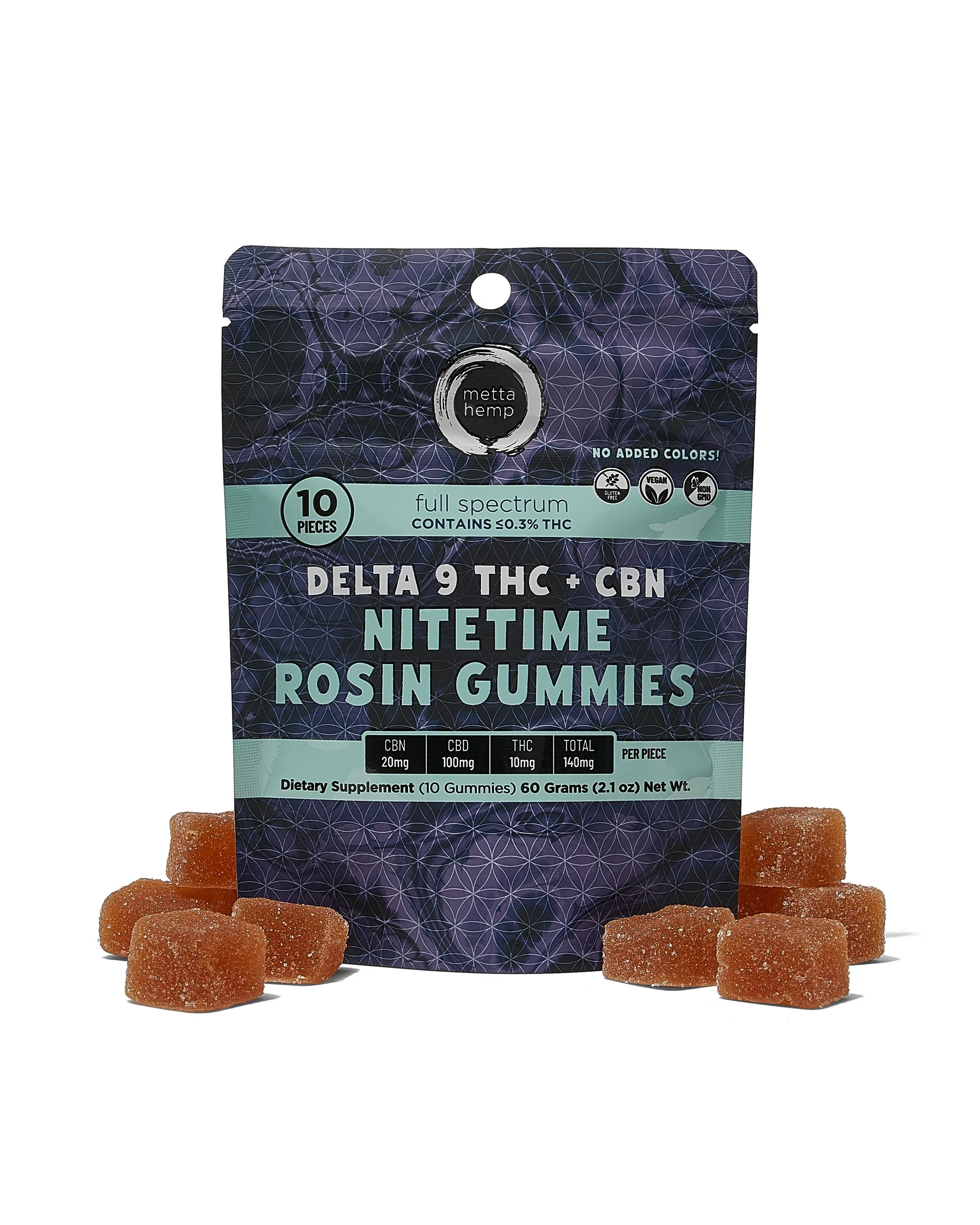 Metta Hemp - D9 THC + CBN Nitetime Rosin Gummies, show front of packaging, white background.jpg