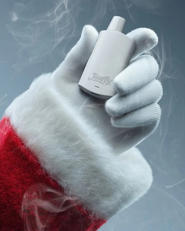 A hand wearing a white glove holding a small white bottle labeled 'Taunt' against a gray background with wisps of vapor or steam.