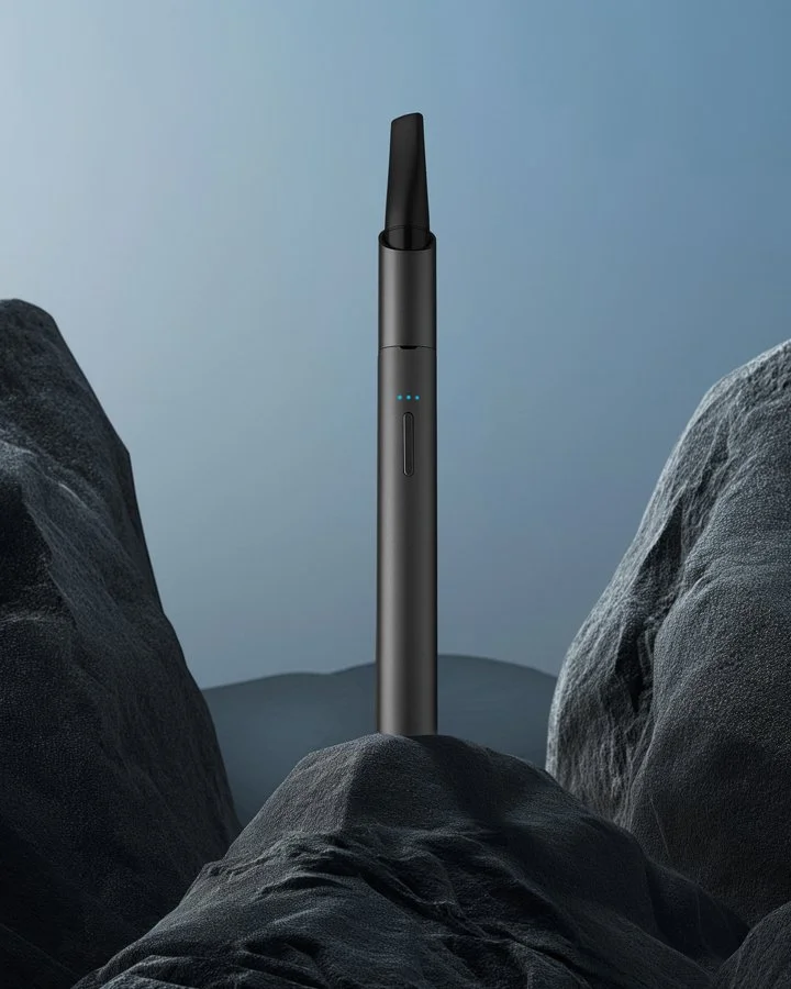 A sleek, modern vape pen standing upright between two large rocks with a blue-gray background.