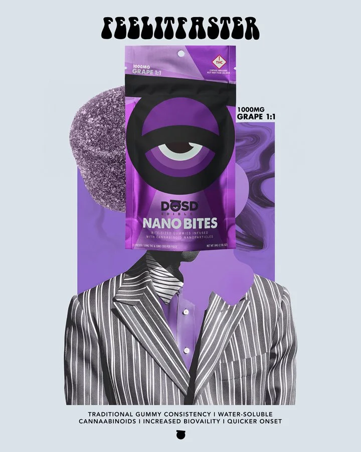 A package of CBD infused nano bites with a purple packaging design, featuring a large black circular logo with an eye symbol. The package indicates 1000mg of grape flavored CBD, with water-soluble cannabinoids and nanoemulsions. There is a black and 