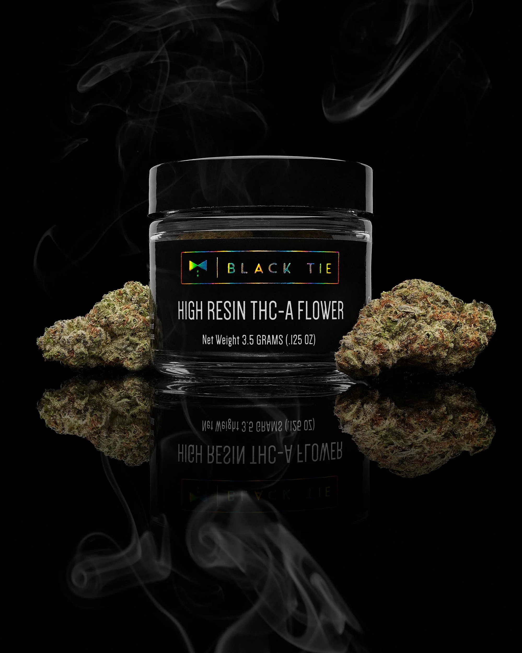 Black Tie - Super Sonic Oreoz, flower and jar, with subtle smoke, on a black glossy background.jpg