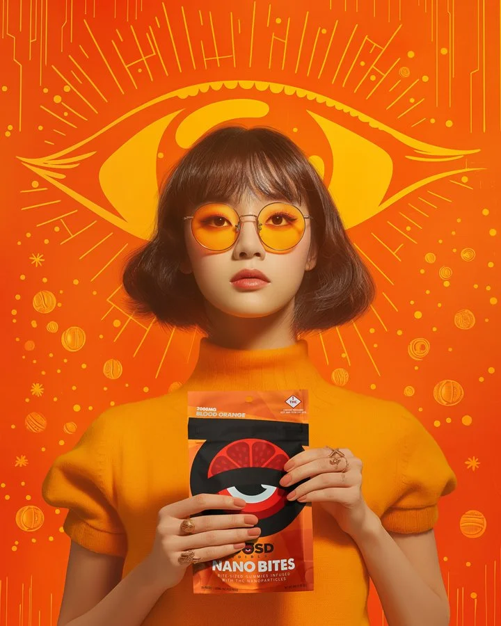 Girl wearing orange sunglasses and a yellow top, holding a packet labeled "Blood Orange" with a vampire eye graphic, against an orange background with a large eye illustration and surrounding abstract designs.