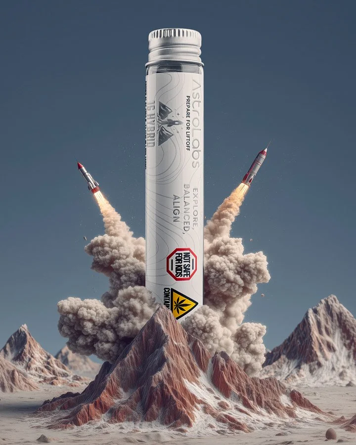 A large cylindrical object resembling a pen or marker standing upright on a mountain peak, with missiles launching from either side and smoke billowing out. The background features a mountainous landscape under a clear sky.