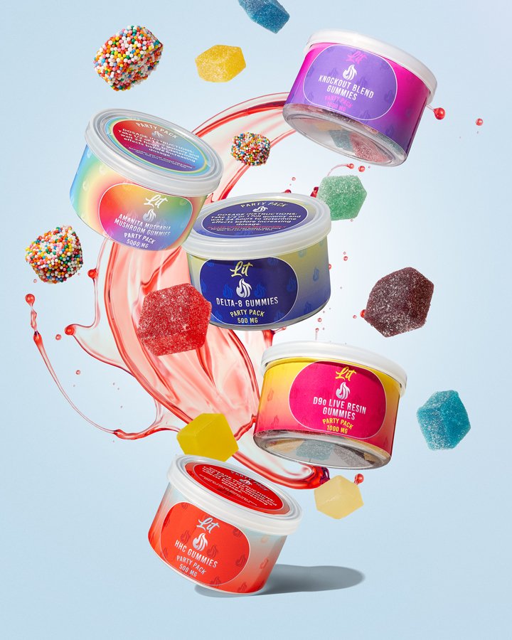 Five containers of various types of gummies and resin on a light blue background with colorful gummies and splash effects.
