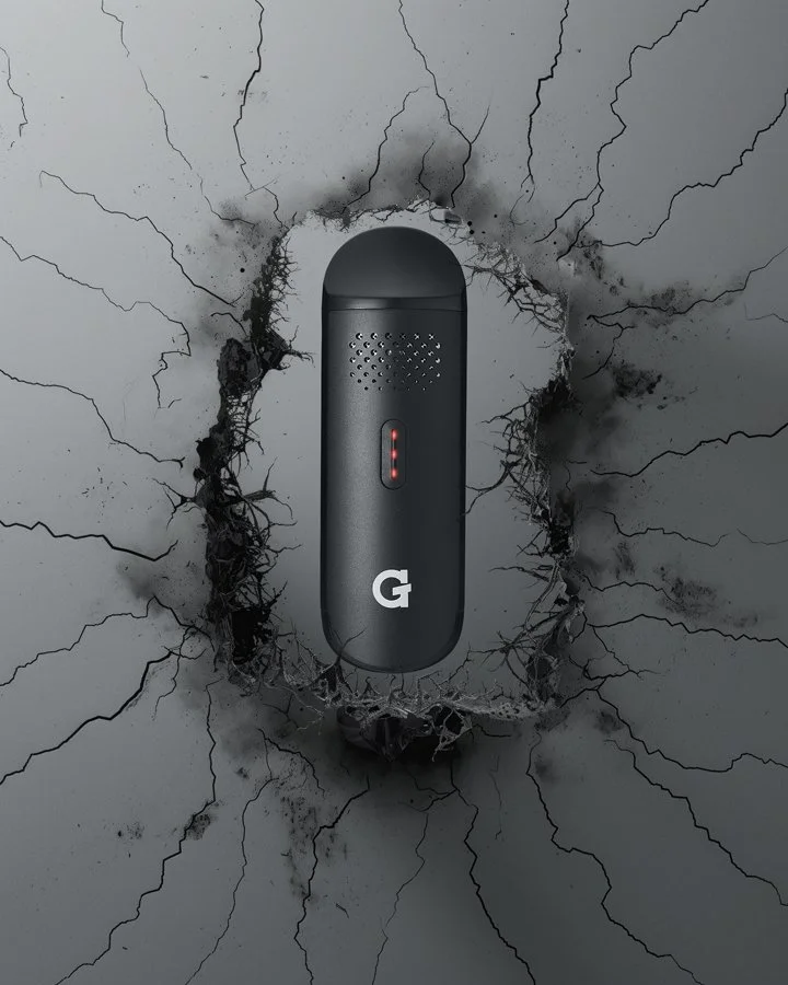 A Google Pixel earbuds case embedded in a cracked concrete surface, with black debris and cracks radiating outward.