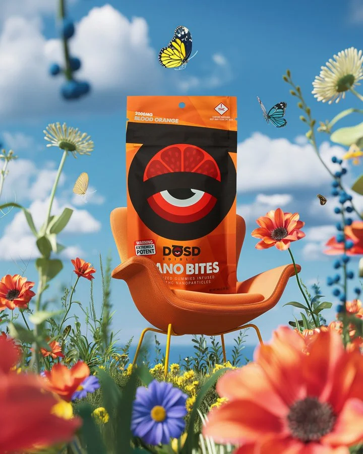 A package of DOSD nano bites cannabis infused gummies floats above a whimsical orange chair in a colorful flower garden with butterflies and a blue sky in the background.