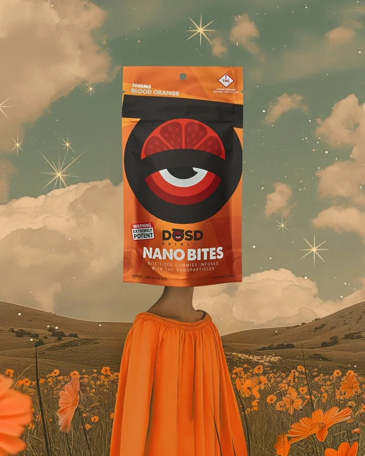 Person with a large bag of DOSD edible Nano Bites as the head, standing in a field of orange flowers with a cloudy sky background.