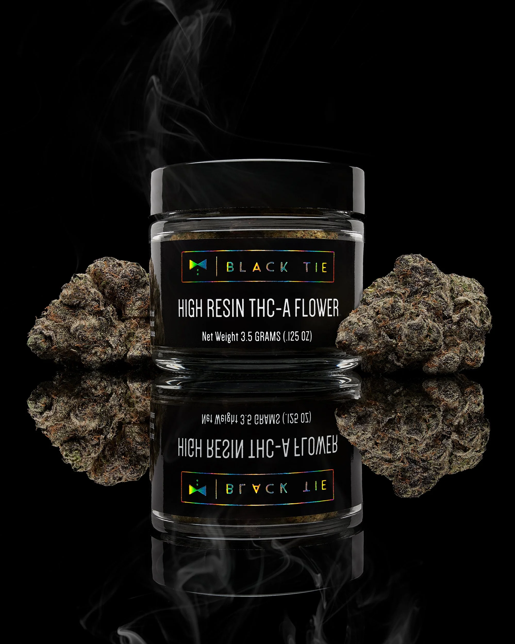 Black Tie – Boston George, 1-bud hero, black gloss background with subtle smoke.jpg